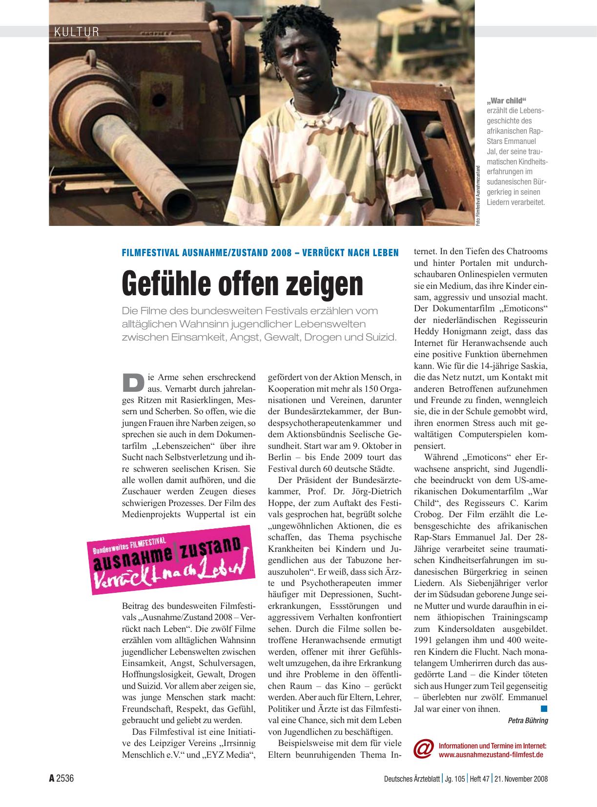 Vorschauseite 1: Filmfestival Ausnahme/Zustand 2008 – Verrückt nach Leben: Gefühle offen zeigen