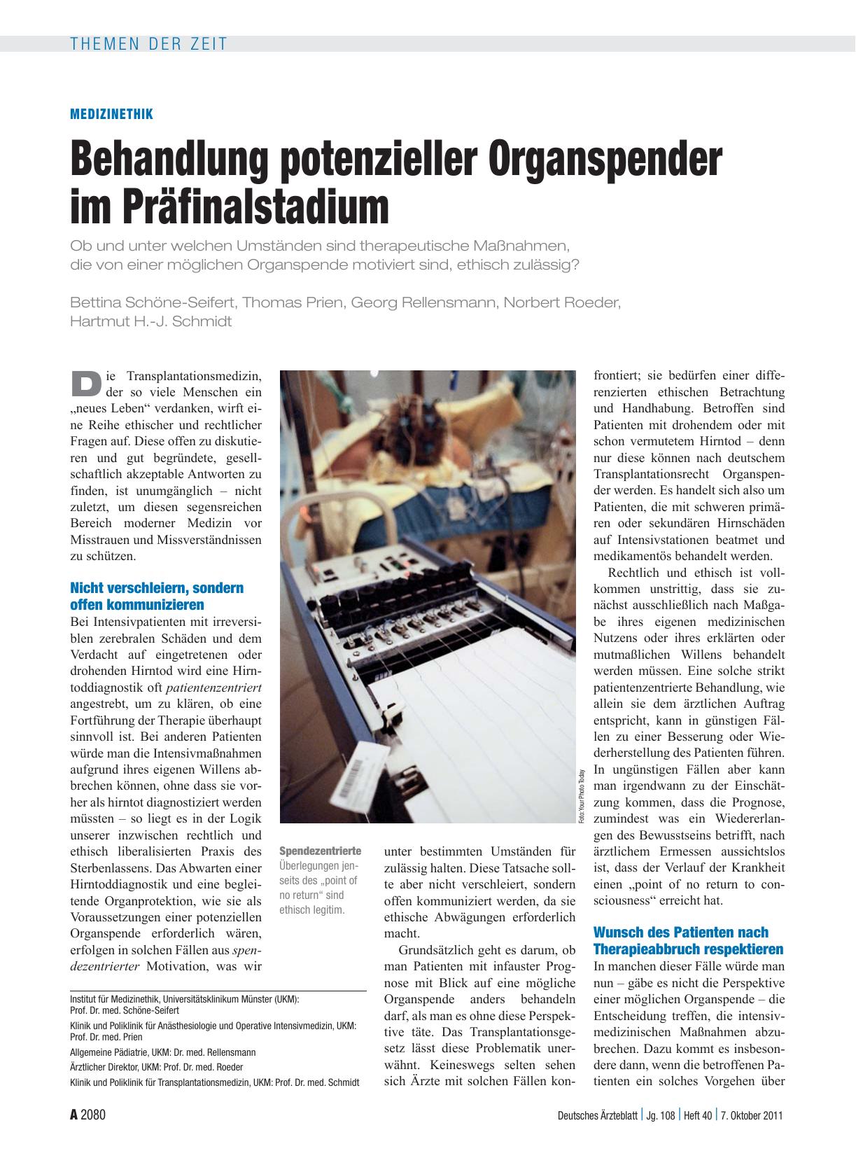 Vorschauseite 1: Medizinethik: Behandlung potenzieller Organspender im Präfinalstadium