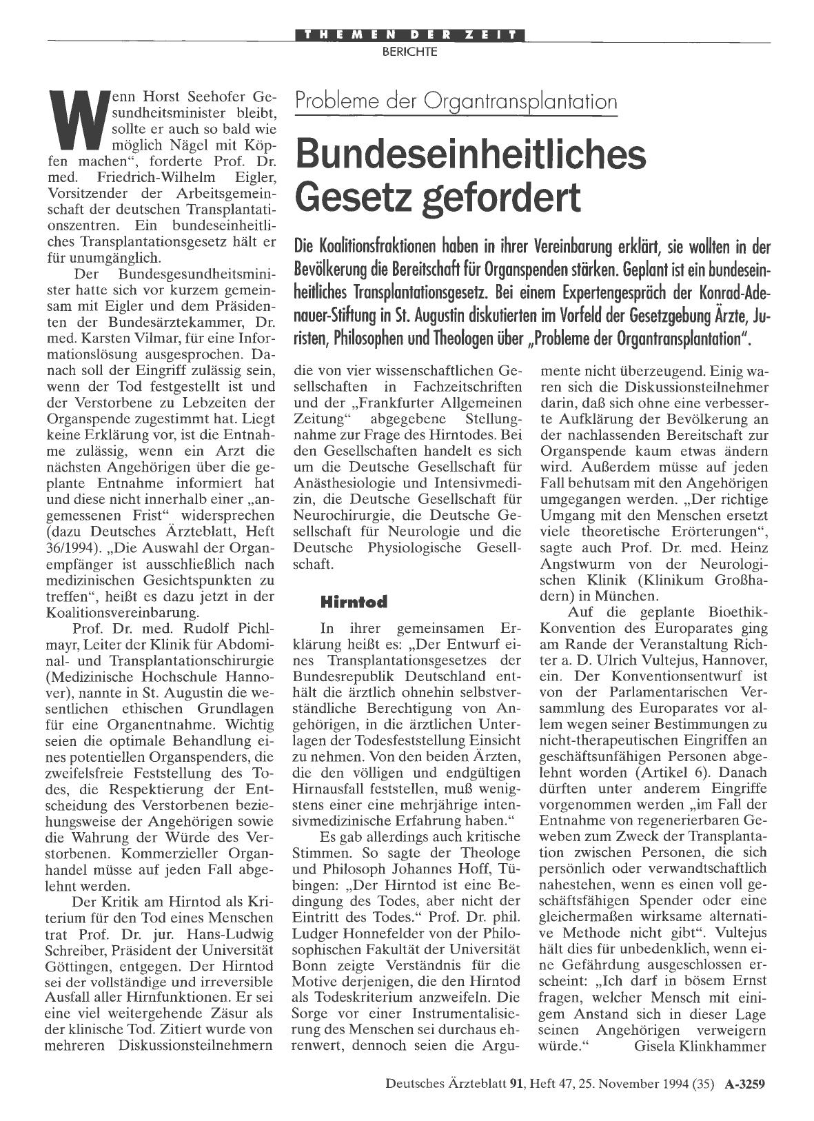 Vorschauseite 1: Probleme der Organtransplantation: Bundeseinheitliches Gesetz gefordert