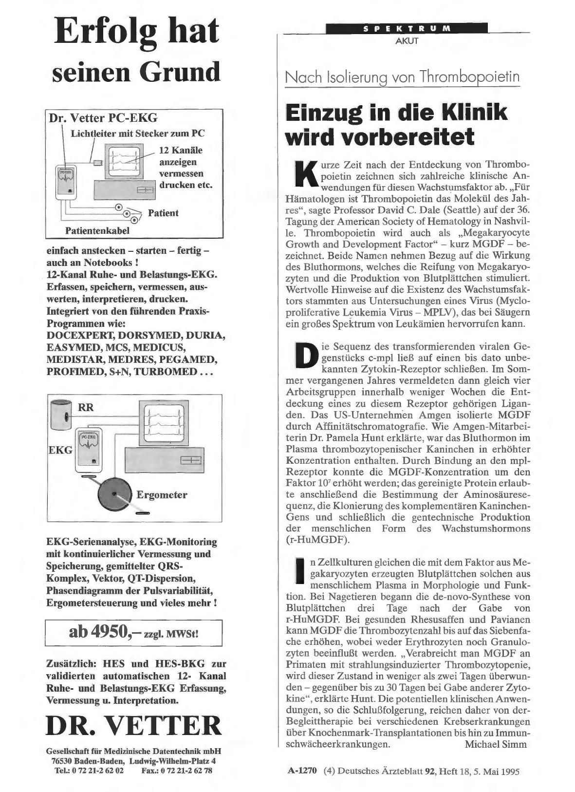 Vorschauseite 1: Nach Isolierung von Thromoopoietin: Einzug in die Klinik wird vorbereitet