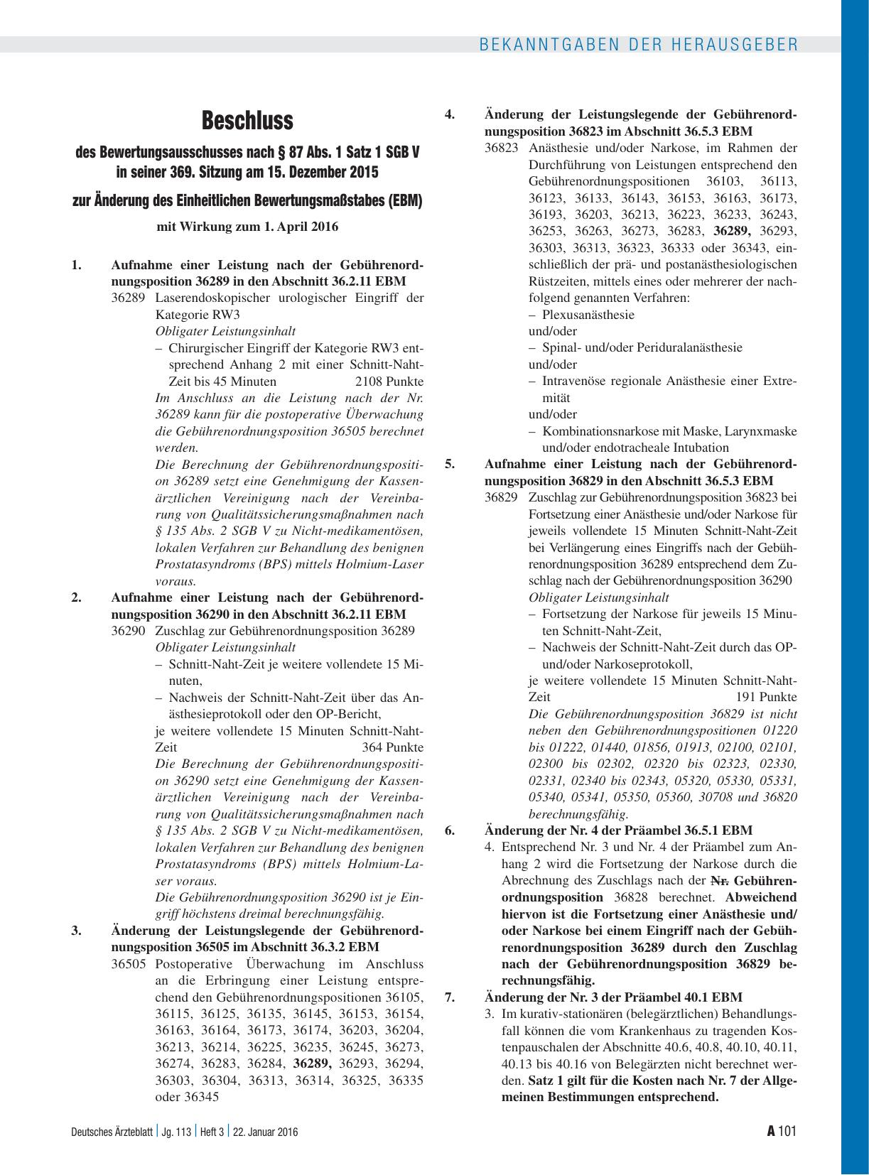 Vorschauseite 1: Beschluss des Bewertungsausschusses nach § 87 Abs. 1 Satz 1 SGB V in seiner 369. Sitzung am 15. Dezember 2015 zur Änderung des Einheitlichen Bewertungsmaßstabes (EBM)