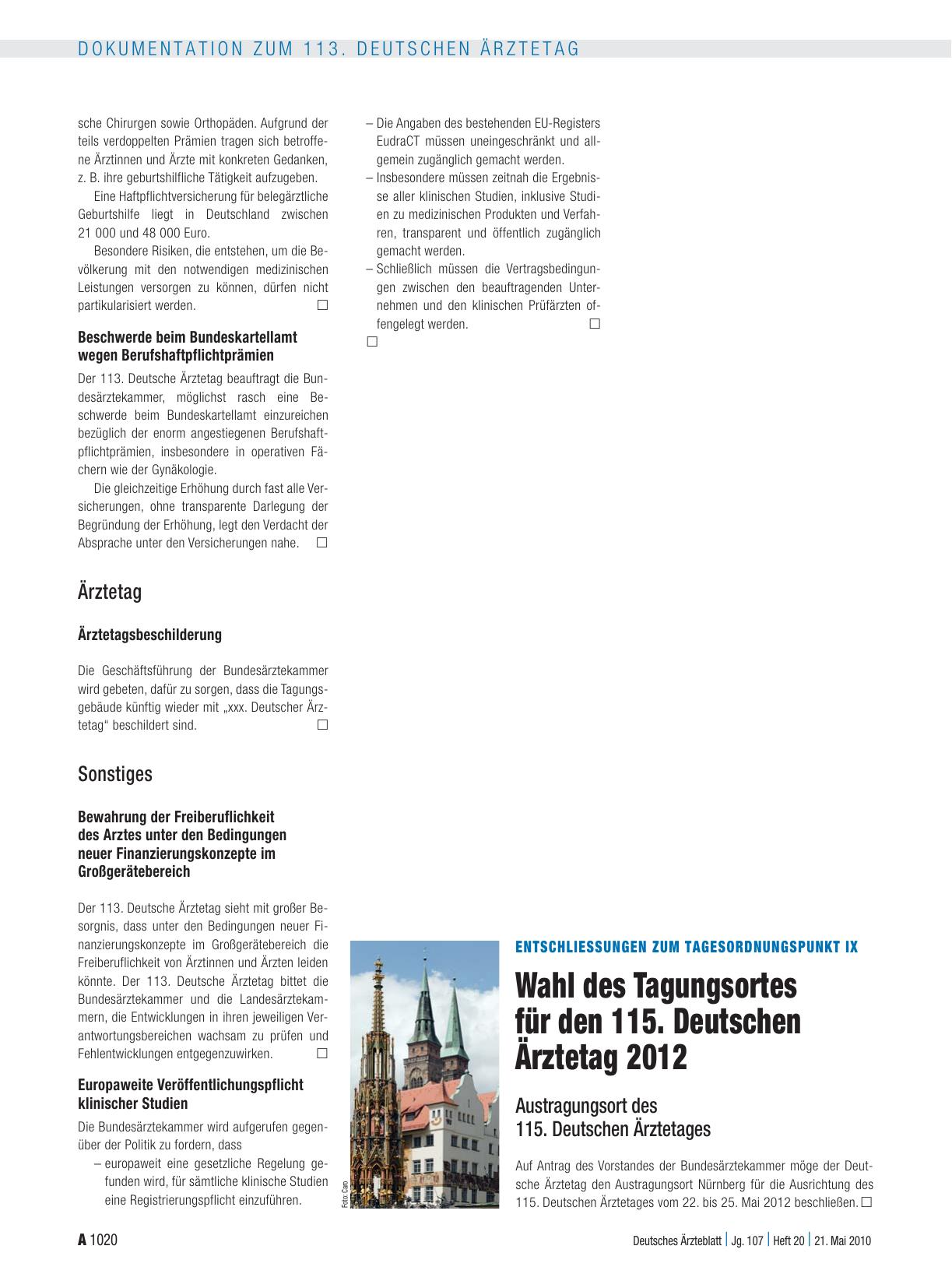 Vorschauseite 1: Entschliessungen zum Tagesordnungspunkt IX: Wahl des Tagungsortes für den 115. Deutschen Ärztetag 2012