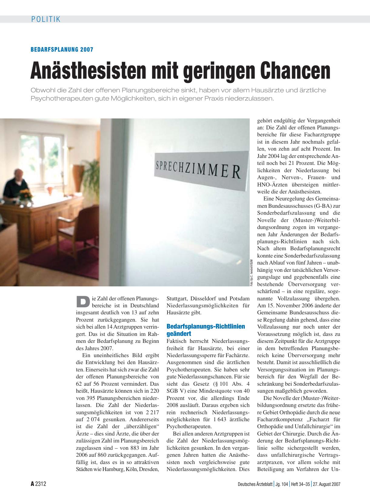 Vorschauseite 1: Bedarfsplanung 2007: Anästhesisten mit geringen Chancen