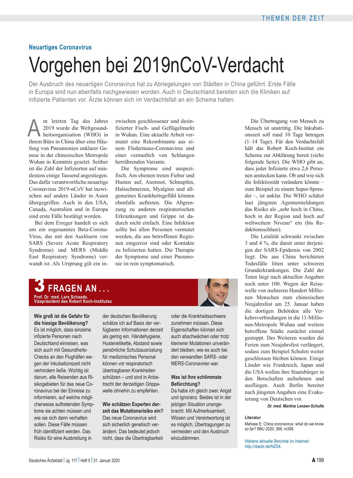 Vorschauseite 1: Neuartiges Coronavirus: Vorgehen bei 2019nCoV-Verdacht