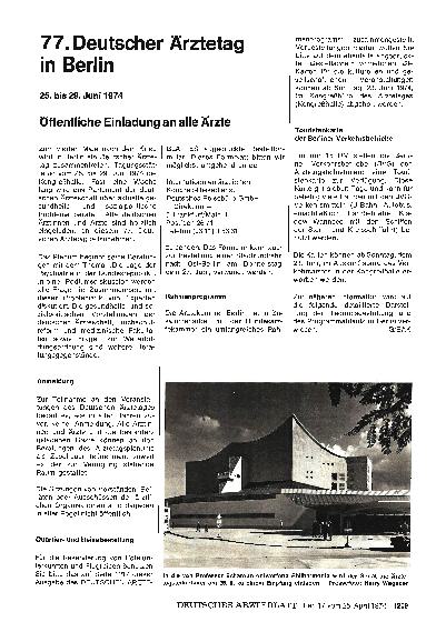 Vorschauseite 1: 77. Deutscher Ärztetag in Berlin 25. bis 29. Juni 1974 öffentliche Einladung an alle Ärzte