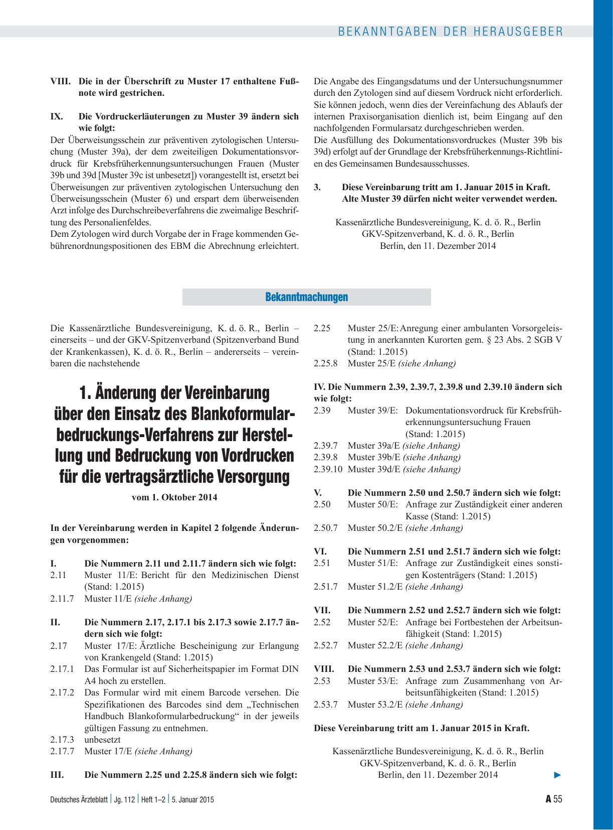 Vorschauseite 1: 1. Änderung der Vereinbarung über den Einsatz des Blankoformularbedruckungs-Verfahrens zur Herstellung und Bedruckung von Vordrucken für die vertragsärztliche Versorgung