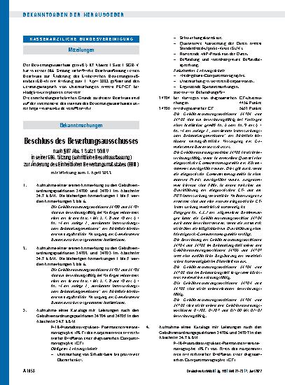 Vorschauseite 1: Beschluss des Bewertungsausschusses nach § 87 Abs. 1 Satz 1 SGB V in seiner 586. Sitzung (schriftliche Beschlussfassung) zur Änderung des Einheitlichen Bewertungsmaßstabes (EBM)