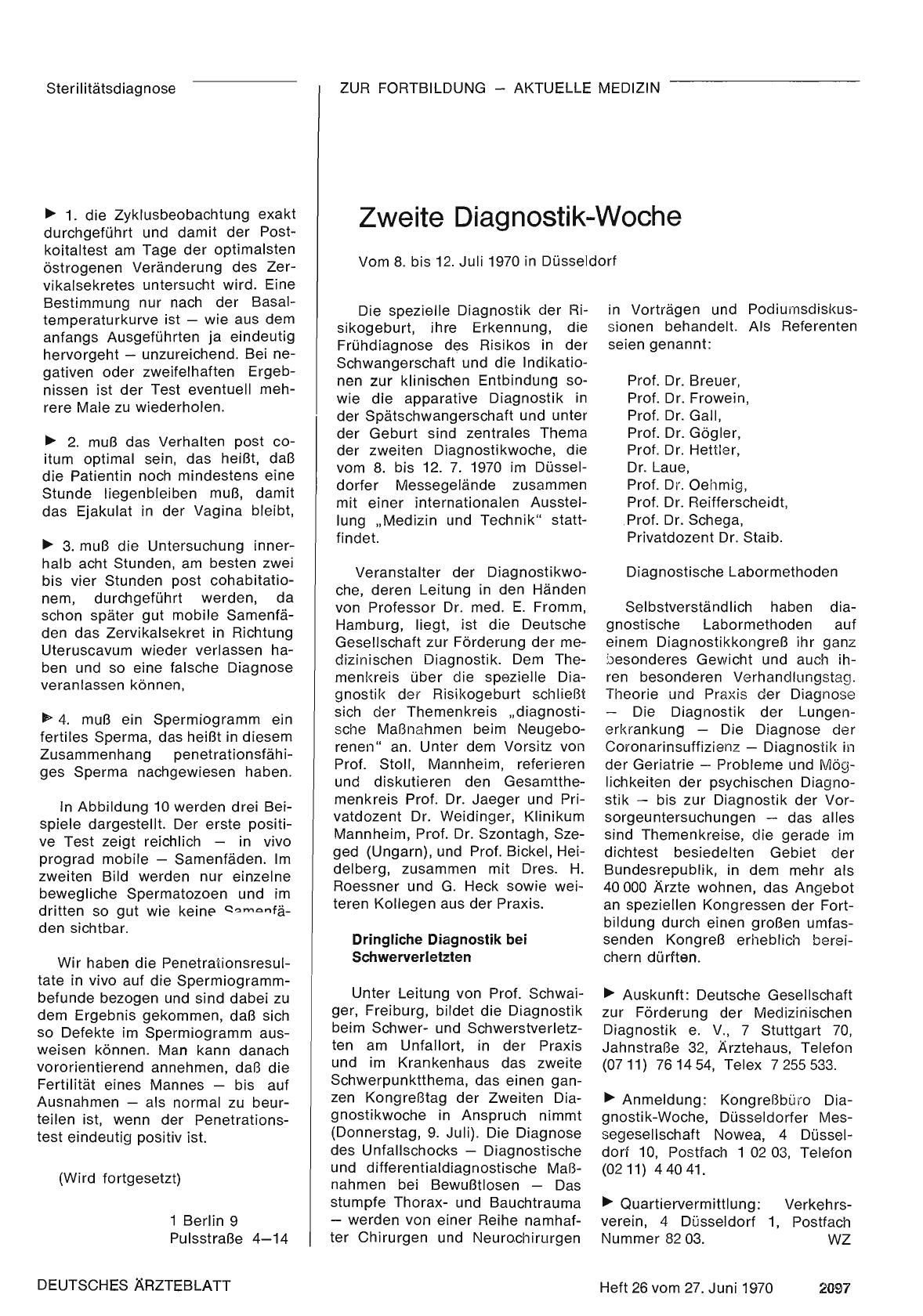 Vorschauseite 1: Zweite Diagnostik-Woche vom 8. bis 12. Juli 1970 in Düsseldorf