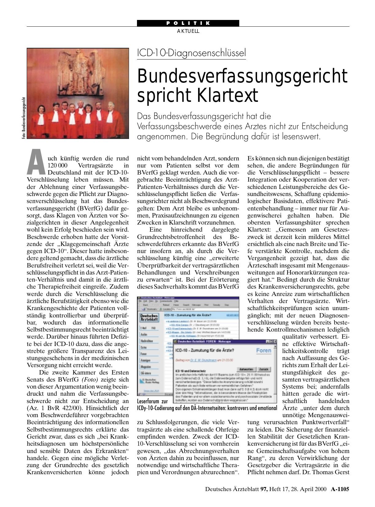 Vorschauseite 1: ICD-10-Diagnosenschlüssel: Bundesverfassungsgericht spricht Klartext