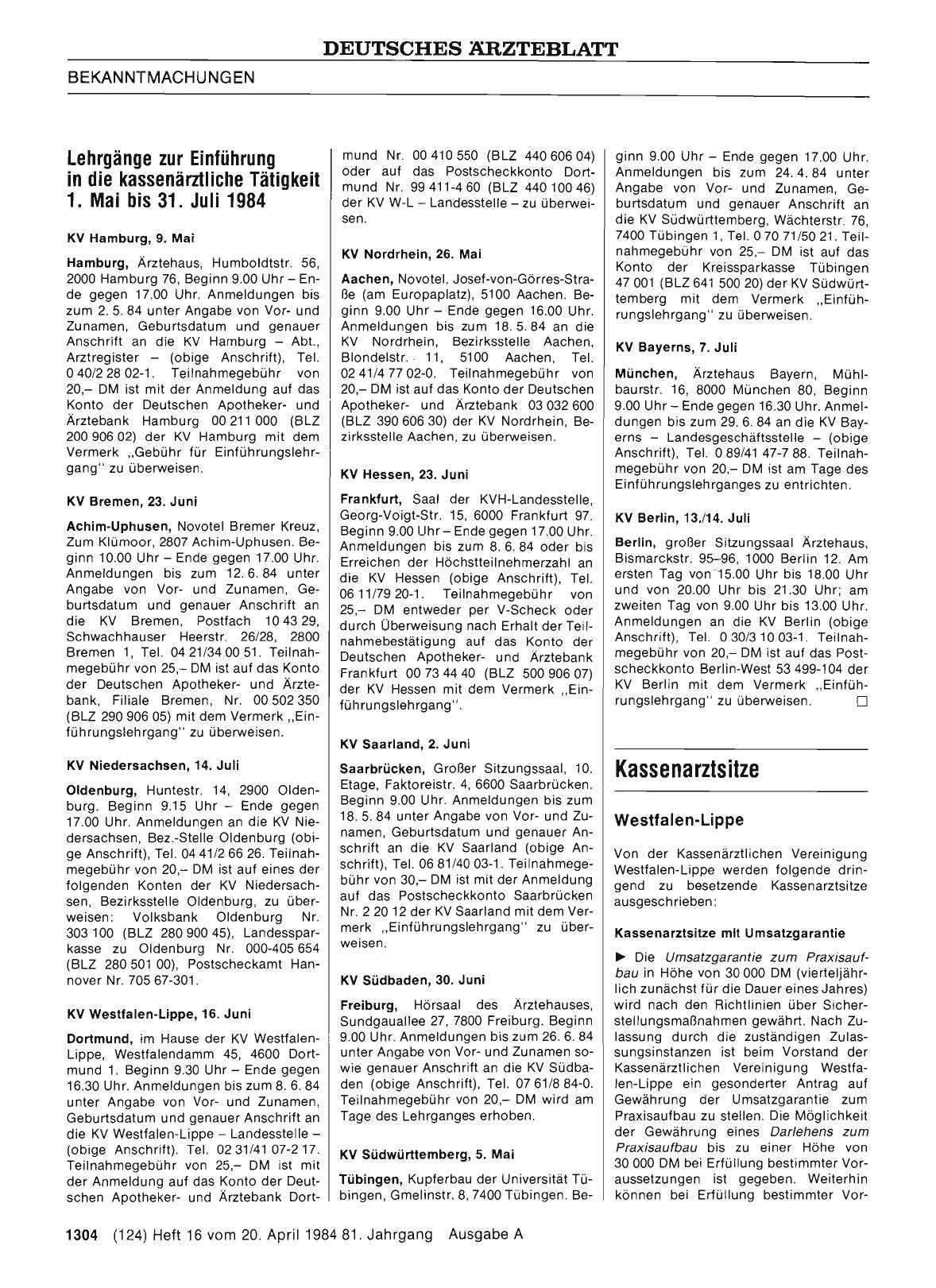 Vorschauseite 1: Lehrgänge zur Einführung in die kassenärztliche Tätigkeit 1. Mai bis 31. Juli 1984