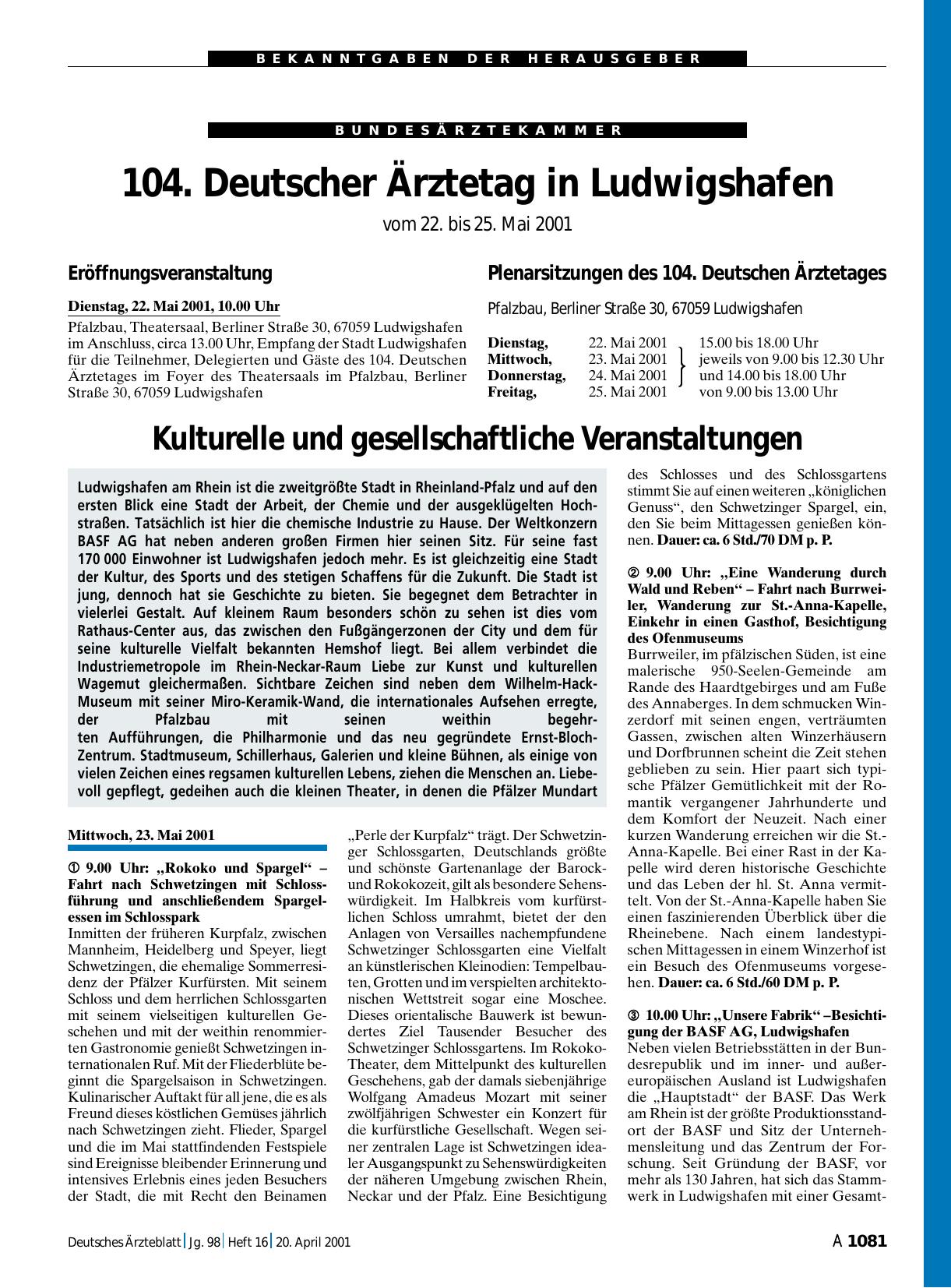 Vorschauseite 1: 104. Deutscher Ärztetag in Ludwigshafen