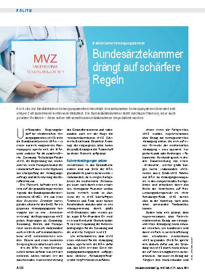 Vorschauseite 1: Medizinische Versorgungszentren: Bundesärztekammer drängt auf schärfere Regeln