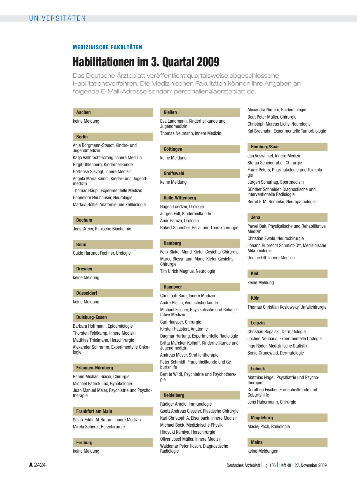 Vorschauseite 1: Medizinische Fakultäten: Habilitationen im 3. Quartal 2009