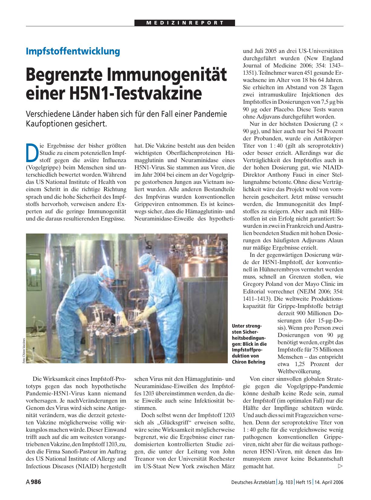 Vorschauseite 1: Impfstoffentwicklung: Begrenzte Immunogenität einer H5N1-Testvakzine