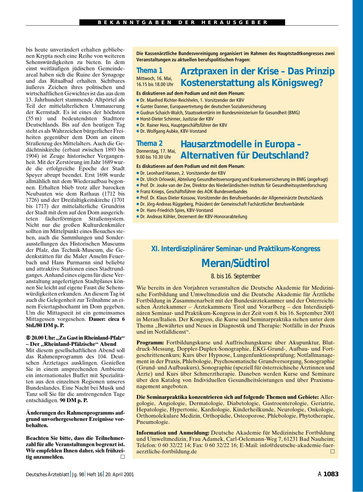 Vorschauseite 1: XI. Interdisziplinärer Seminarund Praktikum-Kongress: Meran/Südtirol