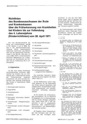 Vorschauseite 1: Richtlinien des Bundesausschusses der Ärzte und Krankenkassen über die Früherkennung von Krankheiten bei Kindern bis zur Vollendung des 4. Lebensjahres (Kinderrichtlinien) vom 28.…