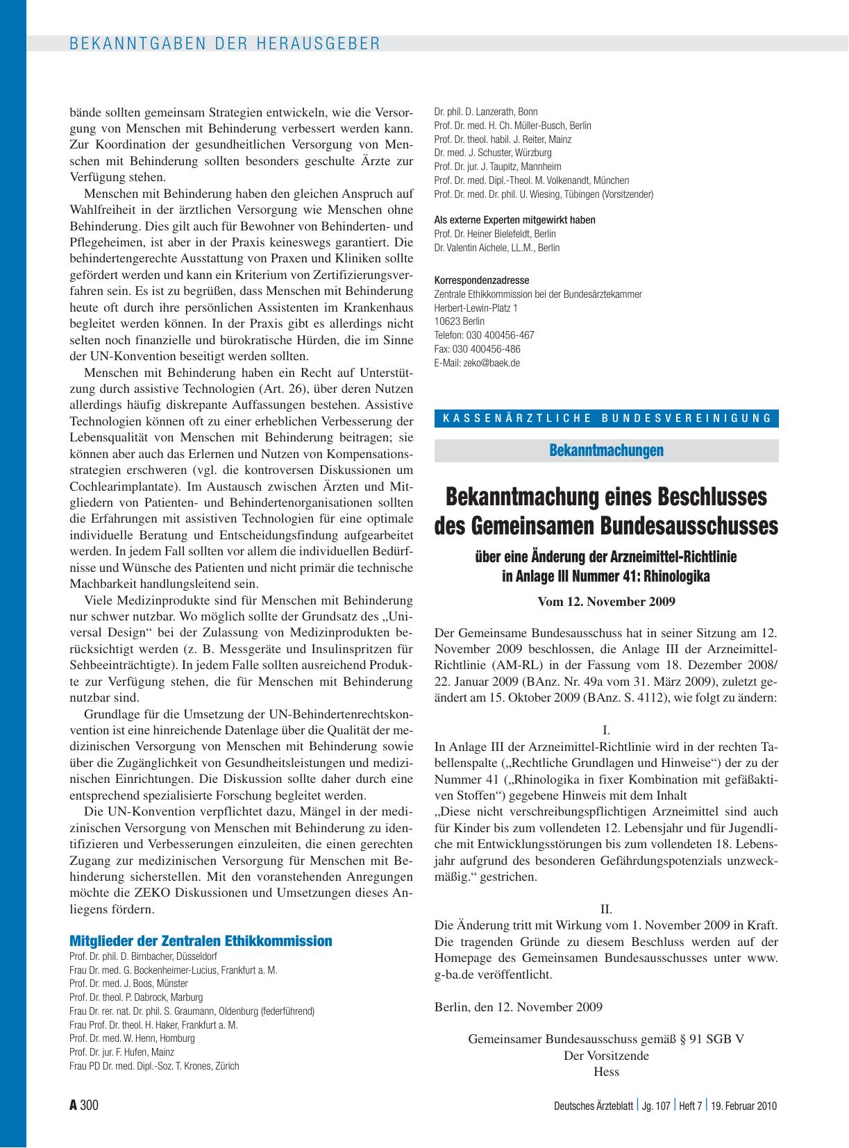 Vorschauseite 1: Bekanntmachung eines Beschlusses des Gemeinsamen Bundesausschusses über eine Änderung der Arzneimittel-Richtlinie in Anlage III Nummer 41: Rhinologika vom 12. November 2009