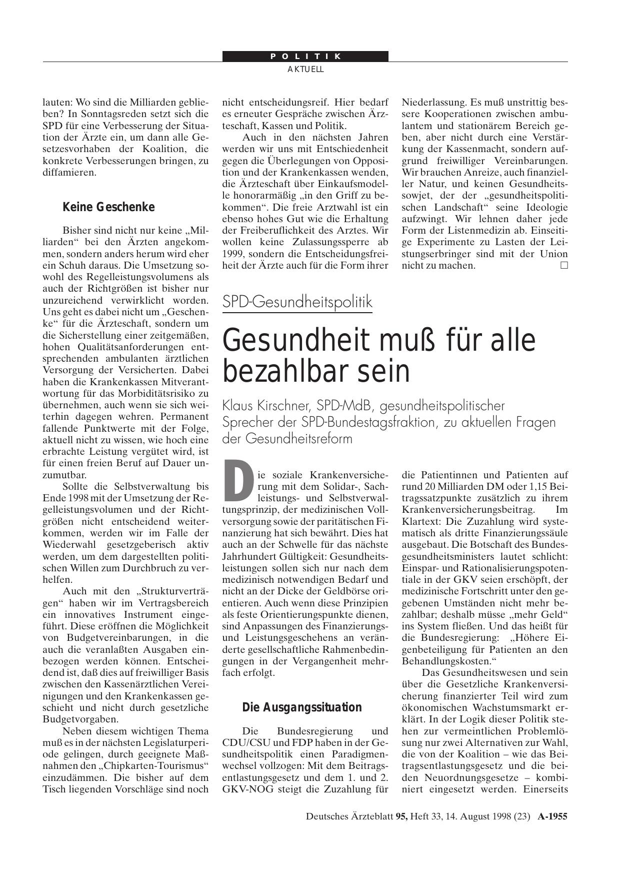 Vorschauseite 1: SPD-Gesundheitspolitik: Gesundheit muß für alle bezahlbar sein