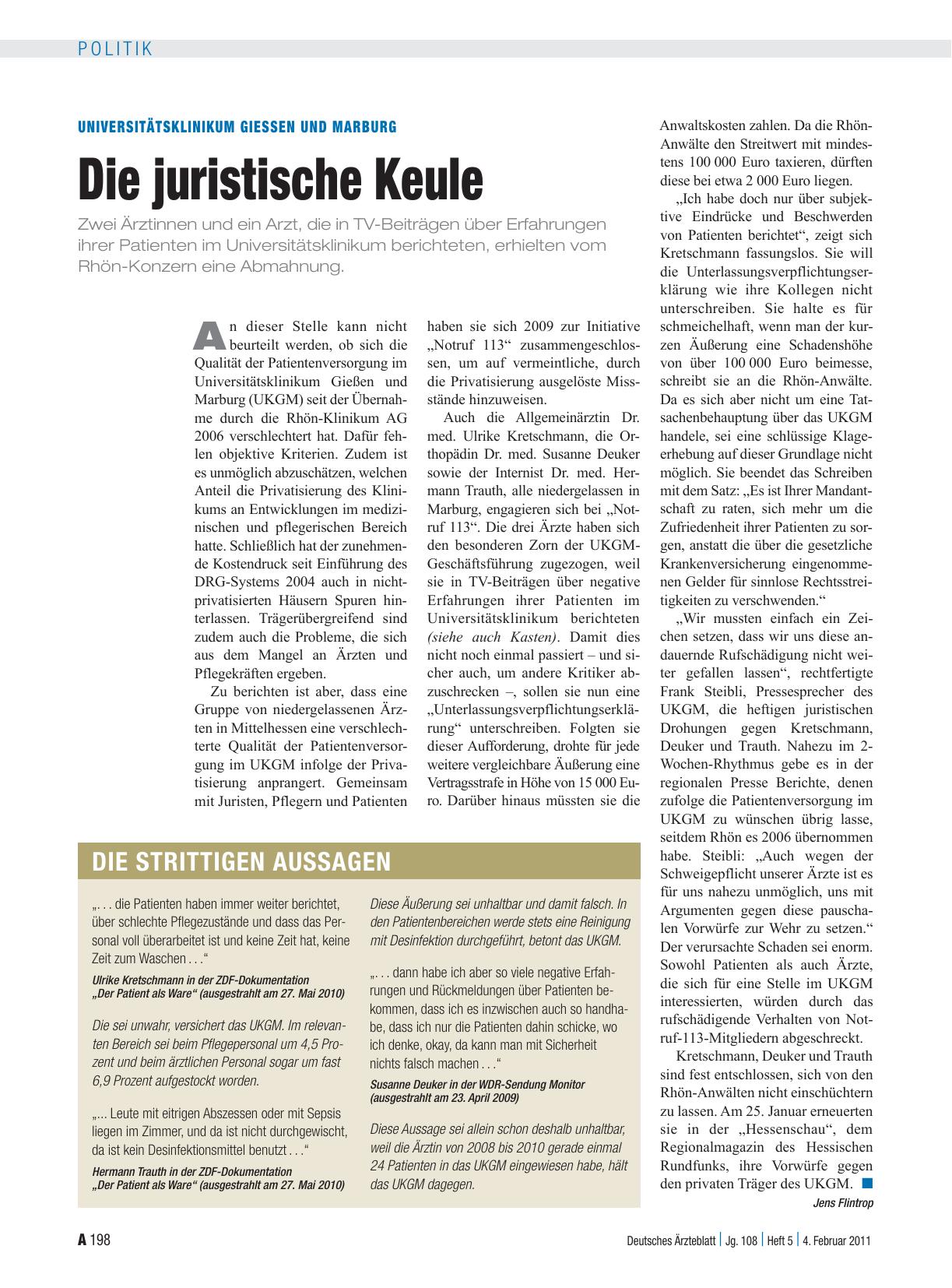 Vorschauseite 1: Universitätsklinikum Giessen und Marburg: Die juristische Keule