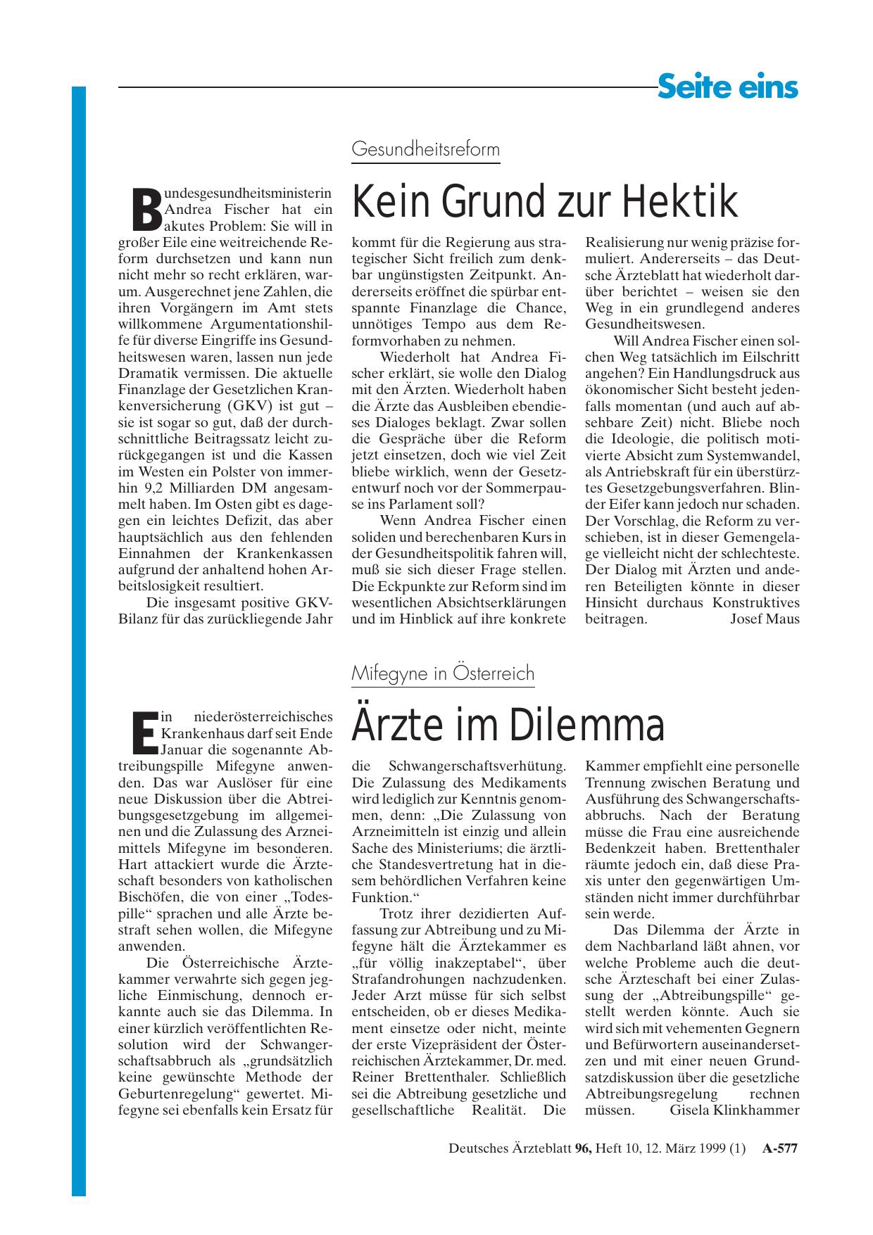 Vorschauseite 1: Gesundheitsreform: Kein Grund zur Hektik