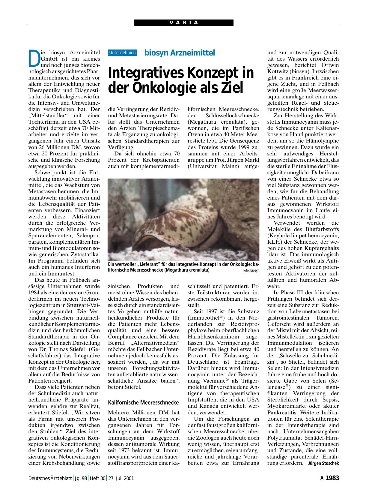 Vorschauseite 1: biosyn Arzneimittel: Integratives Konzept in der Onkologie als Ziel
