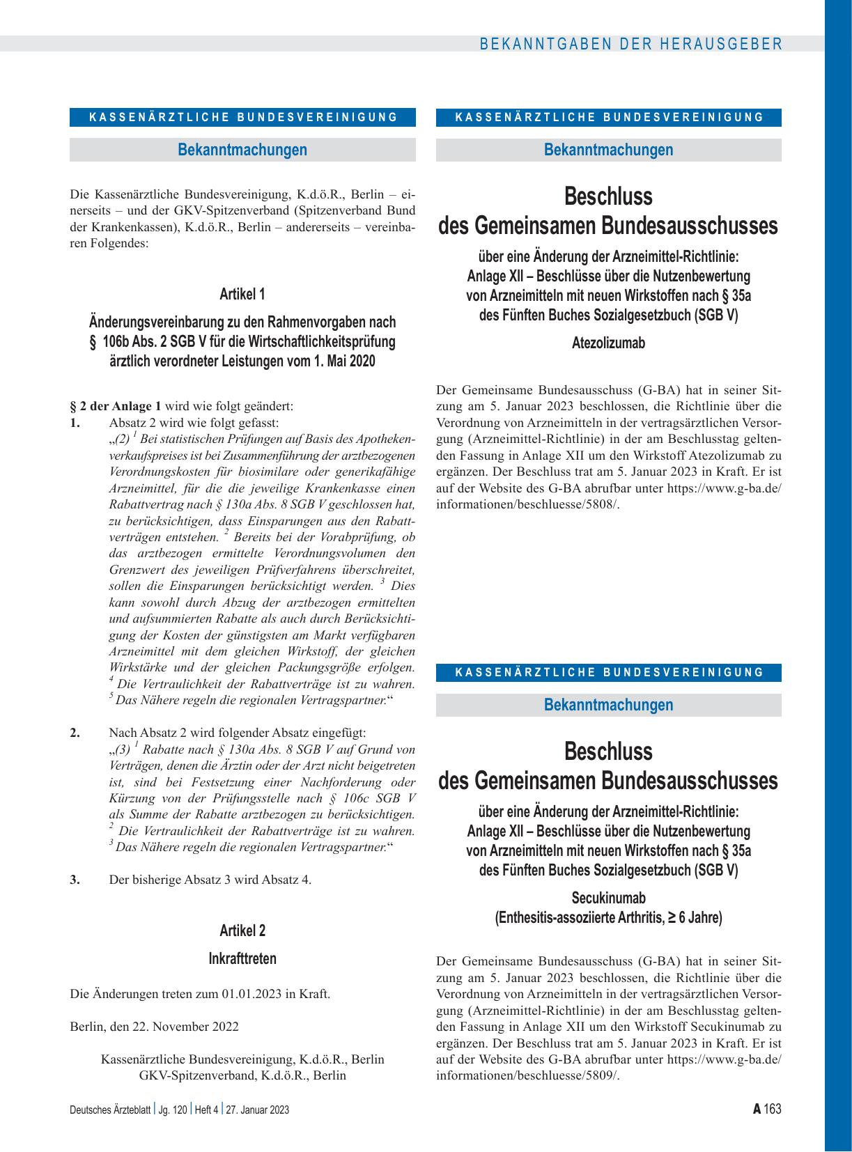 Vorschauseite 1: Beschluss des Gemeinsamen Bundesausschusses über eine Änderung der Arzneimittel-Richtlinie: Anlage XII – Atezolizumab