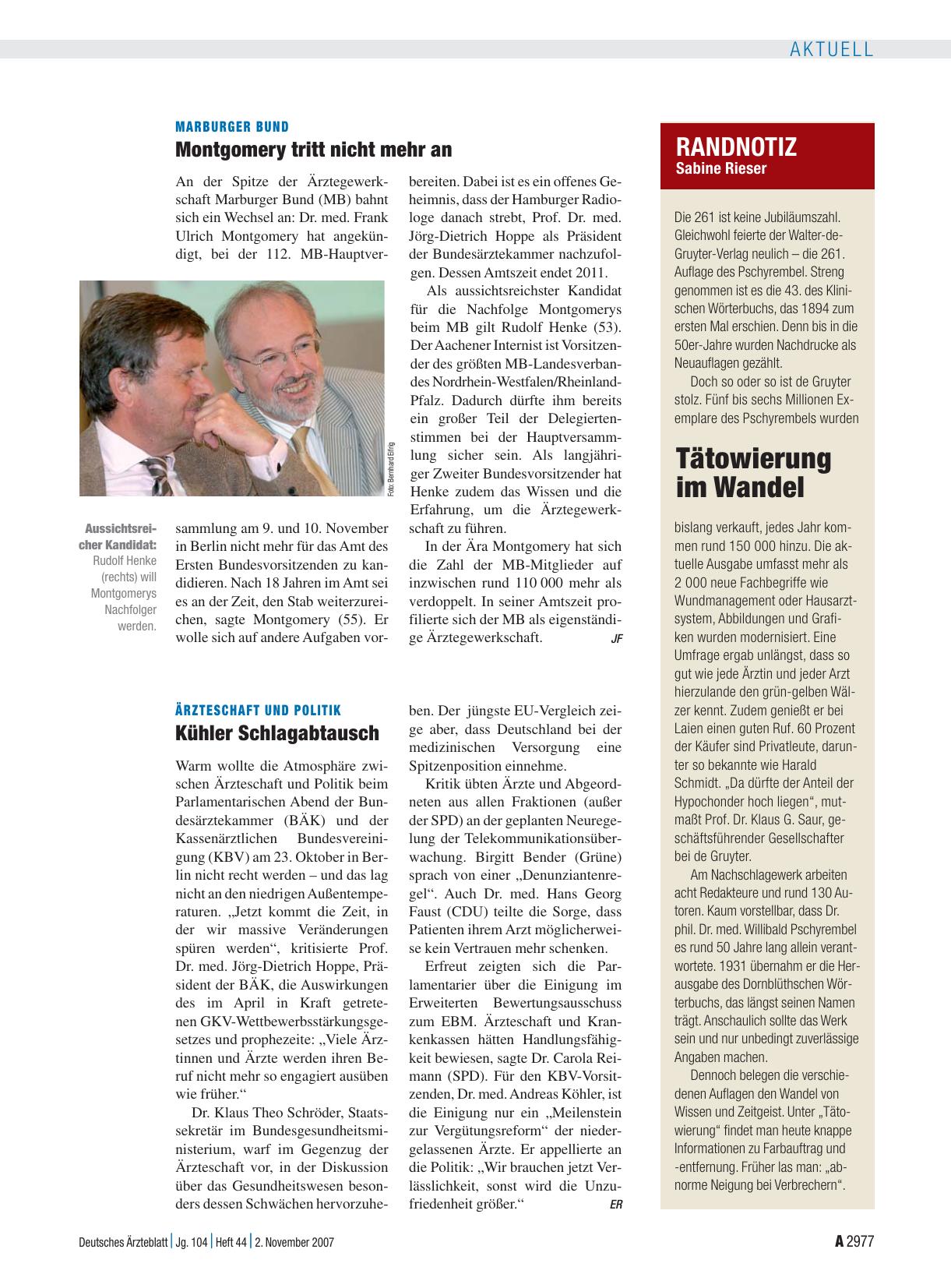 Vorschauseite 1: Ärzteschaft und Politik: Kühler Schlagabtausch