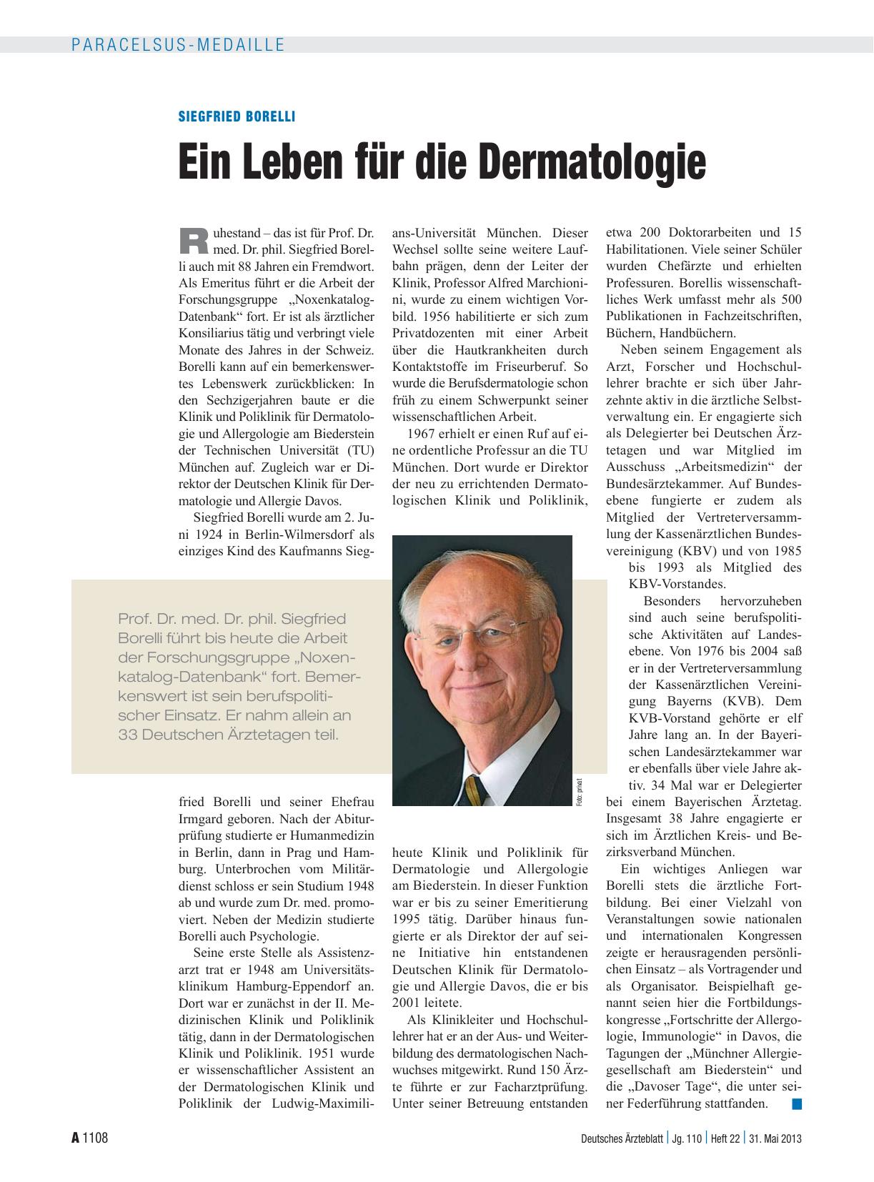 Vorschauseite 1: Siegfried Borelli: Ein Leben für die Dermatologie