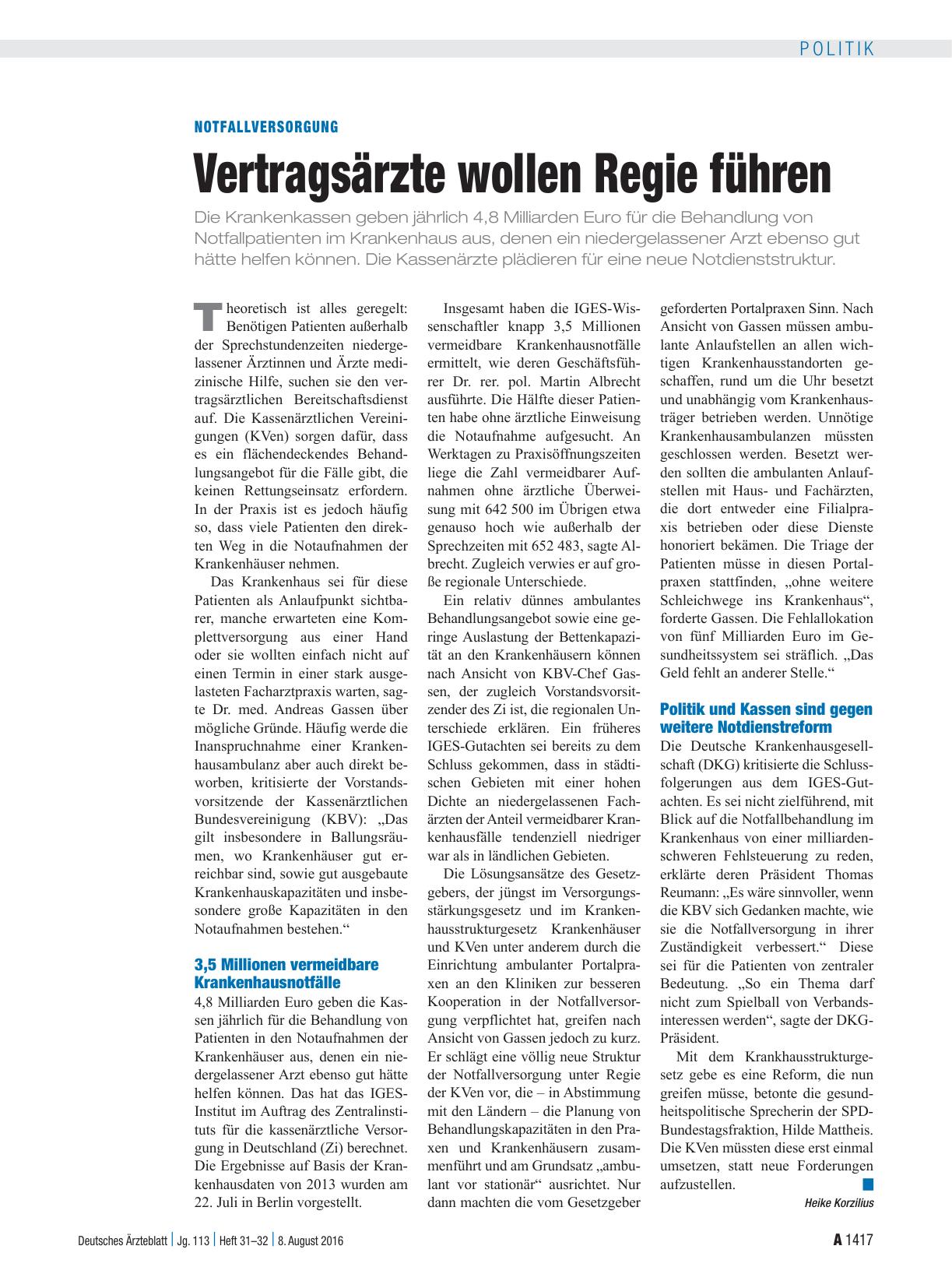 Vorschauseite 1: Notfallversorgung: Vertragsärzte wollen Regie führen