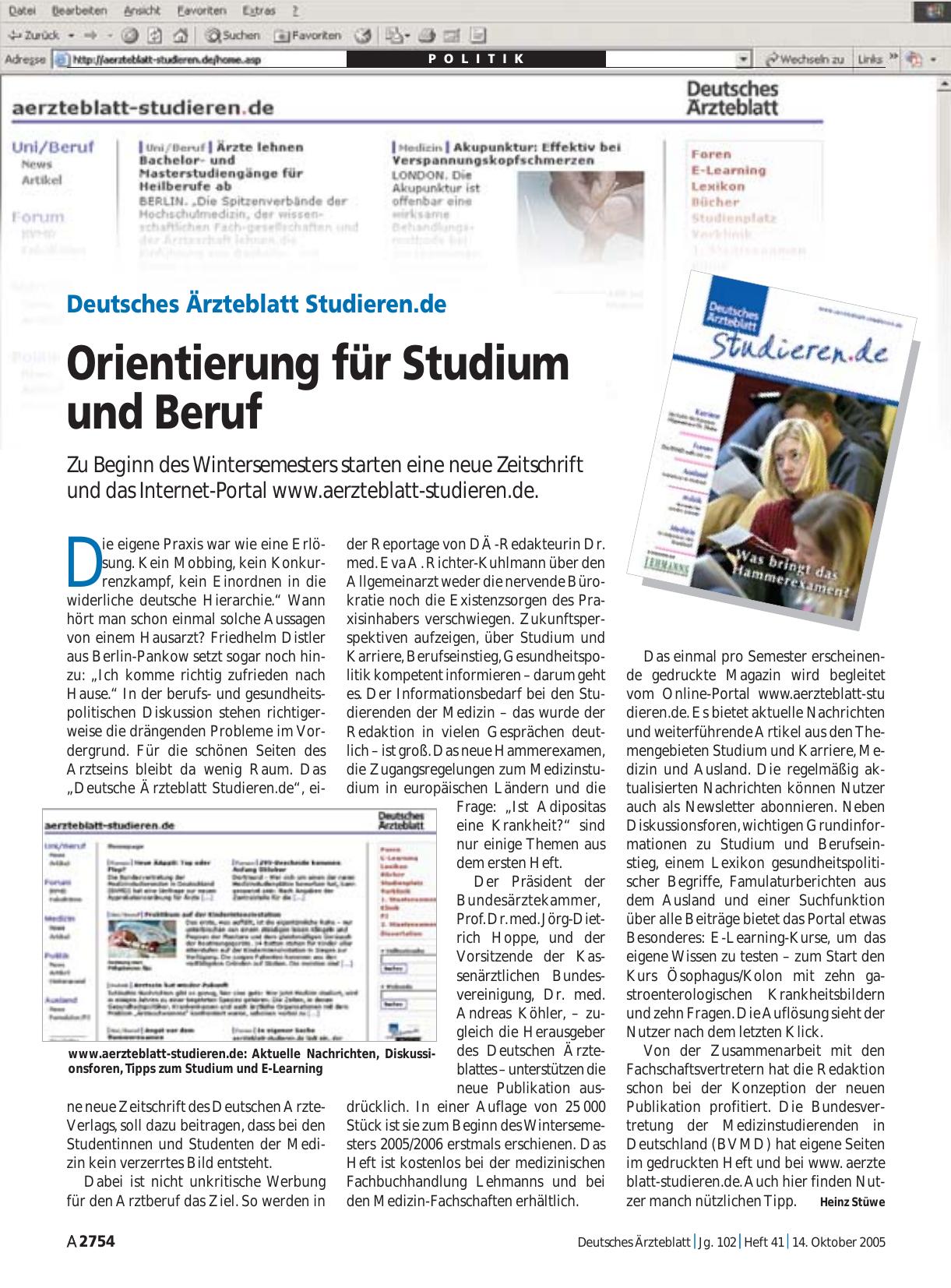 Vorschauseite 1: Deutsches Ärzteblatt Studieren. de: Orientierung für Studium und Beruf