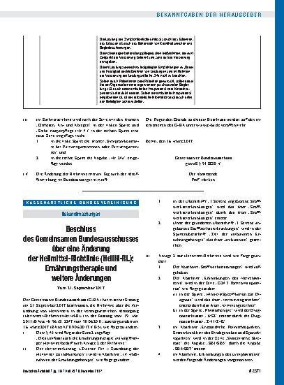 Vorschauseite 1: Beschluss des Gemeinsamen Bundesausschusses über eine Änderung der Heilmittel-Richtlinie (HeilM-RL): Ernährungstherapie und weitere Änderungen