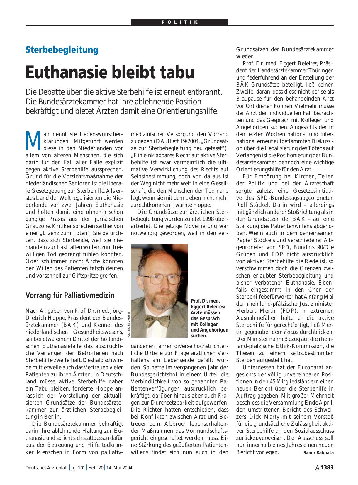 Vorschauseite 1: Sterbebegleitung: Euthanasie bleibt tabu