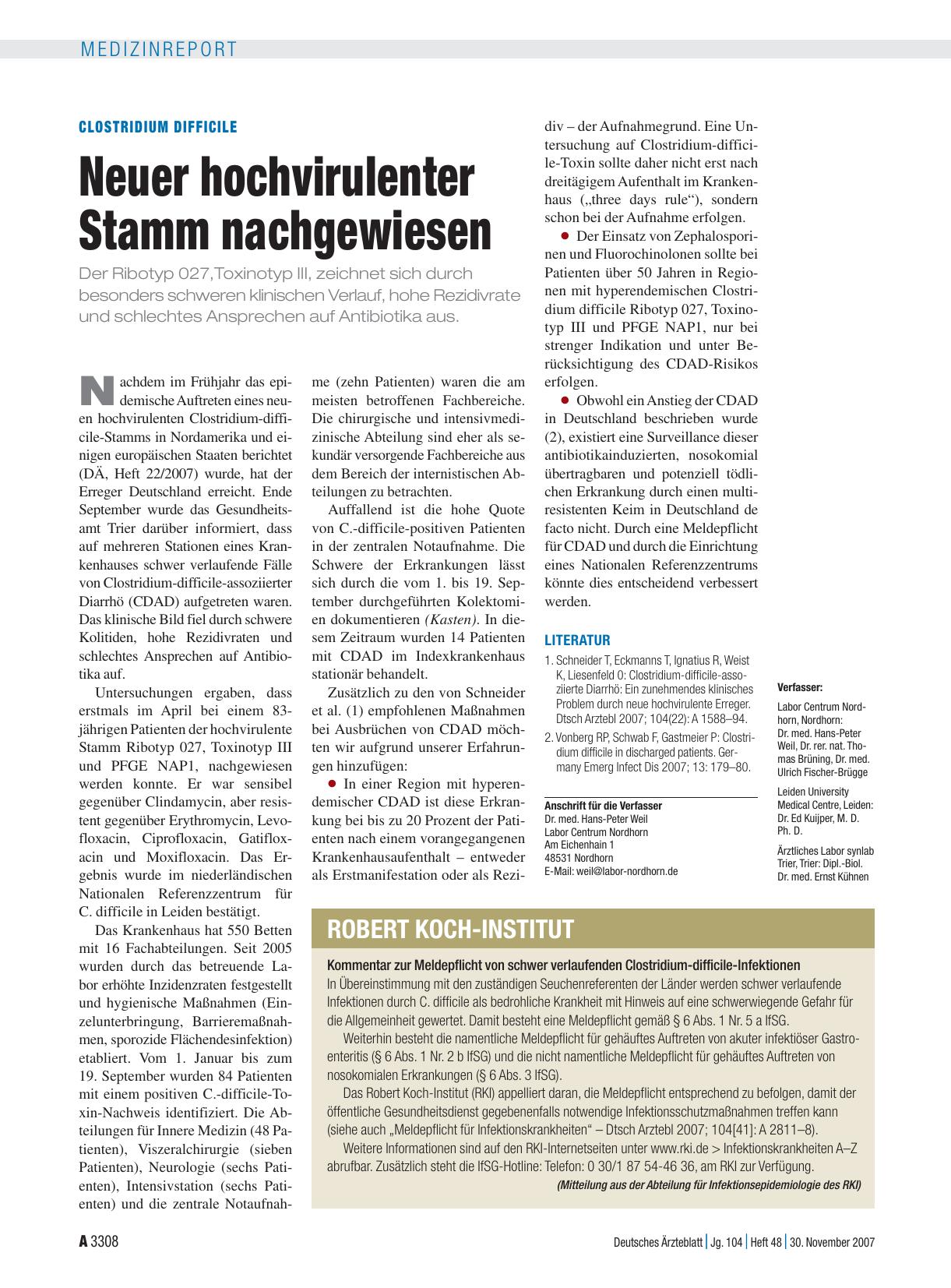 Vorschauseite 1: Clostridium difficile: Neuer hochvirulenter Stamm nachgewiesen