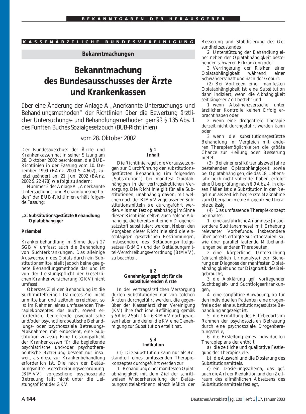 Vorschauseite 1: Bekanntmachungen: Bekanntmachung des Bundesausschusses der Ärzte und Krankenkassen
