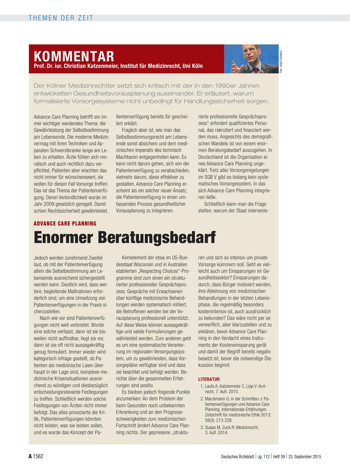 Vorschauseite 1: Advance Care Planning: Enormer Beratungsbedarf