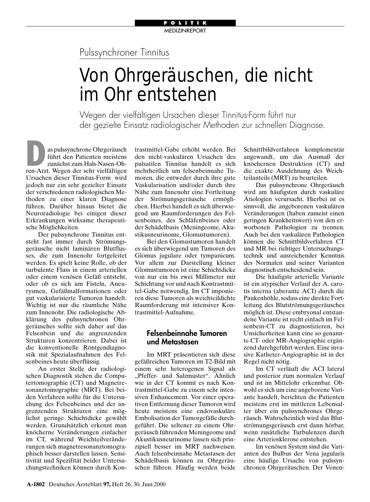 Vorschauseite 1: Pulssynchroner Tinnitus: Von Ohrgeräuschen, die nicht im Ohr entstehen