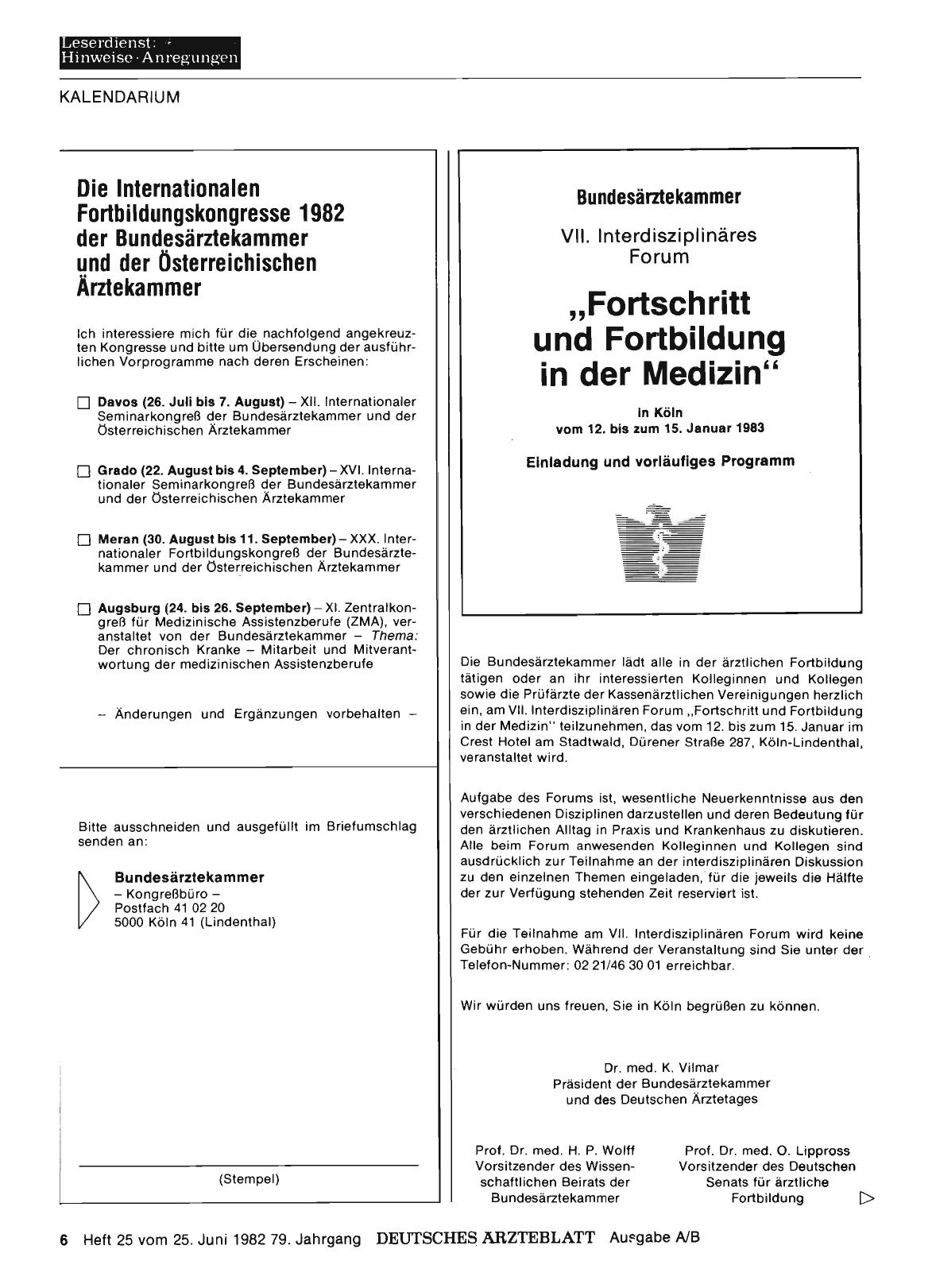 Vorschauseite 1: Die Internationalen Fortbildungskongresse 1982 der Bundesärztekammer und der Österreichischen Ärztekammer