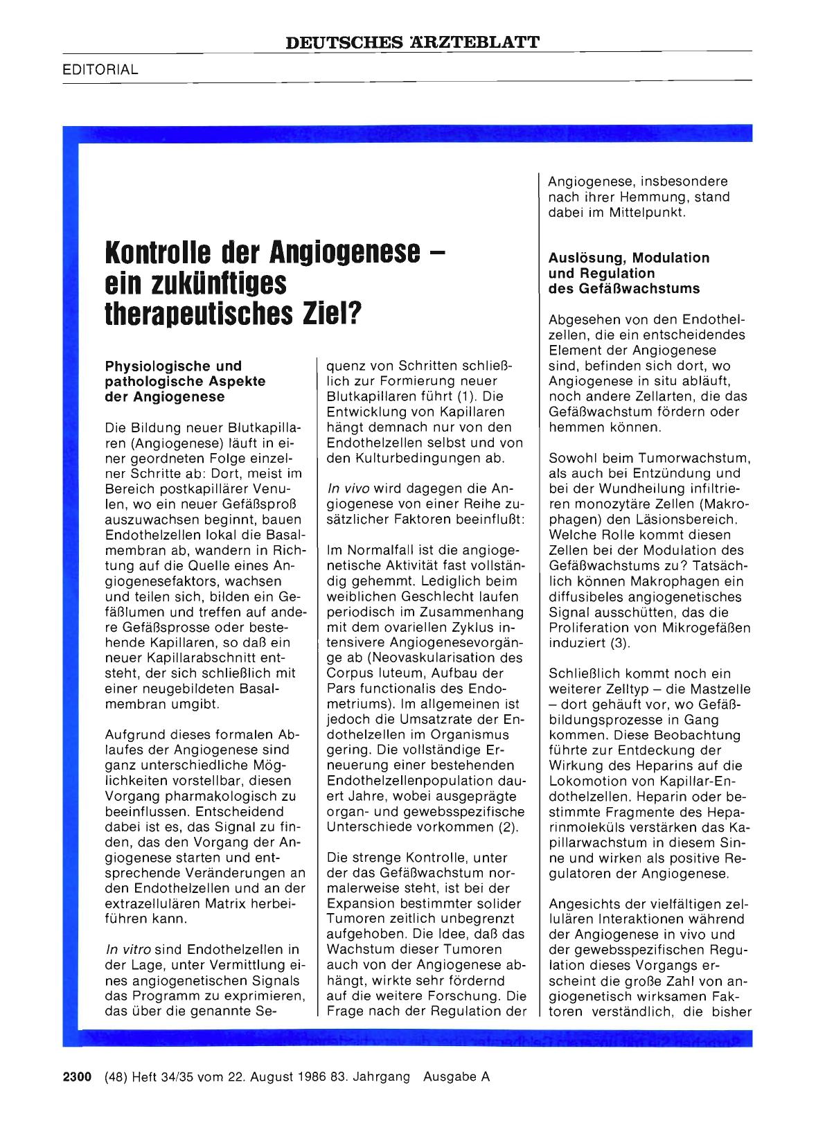 Vorschauseite 1: Kontrolle der Angiogenese ein zukünftiges therapeutisches Ziel?