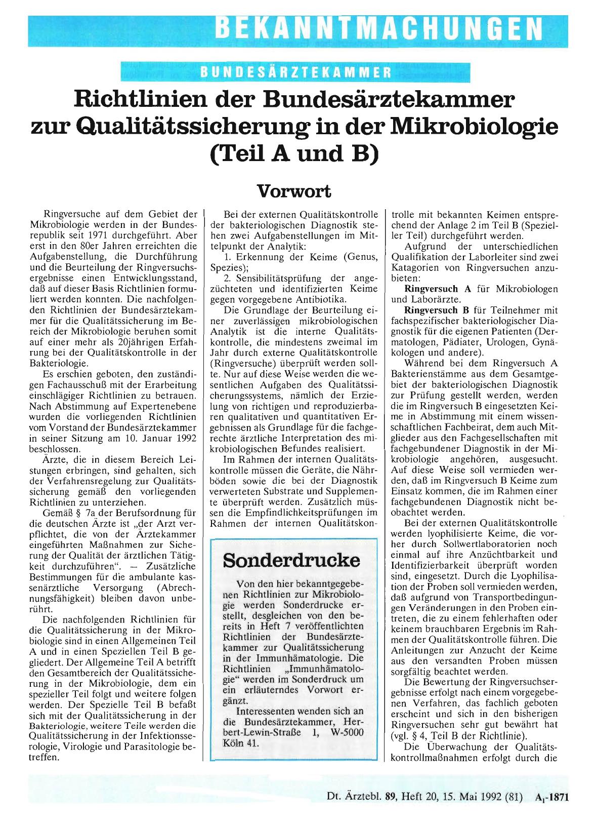 Vorschauseite 1: Richtlinien der Bundesärztekammer zur Qualitätssicherung in der Mikrobiologie (Teil A und B)