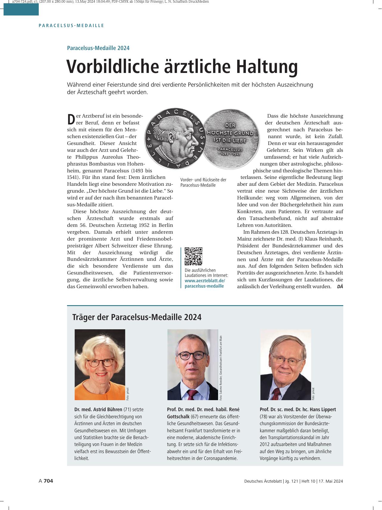 Vorschauseite 1: Paracelsus-Medaille 2024: Vorbildliche ärztliche Haltung