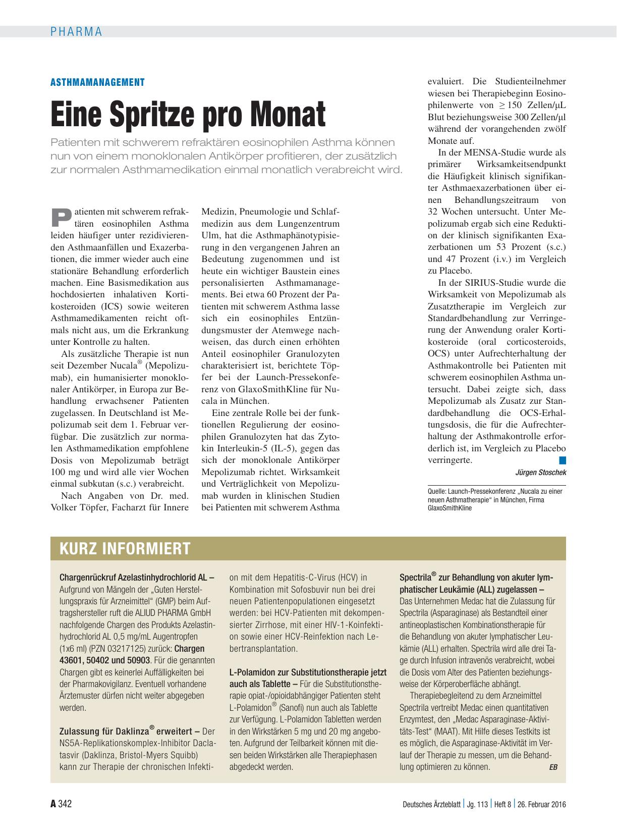 Vorschauseite 1: Asthmamanagement: Eine Spritze pro Monat