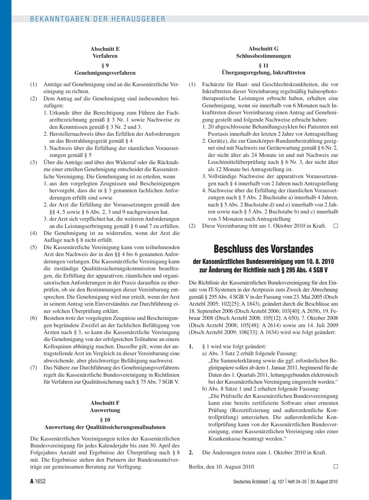 Vorschauseite 1: Beschluss des Vorstandes der Kassenärztlichen Bundesvereinigung vom 10. 8. 2010 zur Änderung der Richtlinie nach § 295 Abs. 4 SGB V