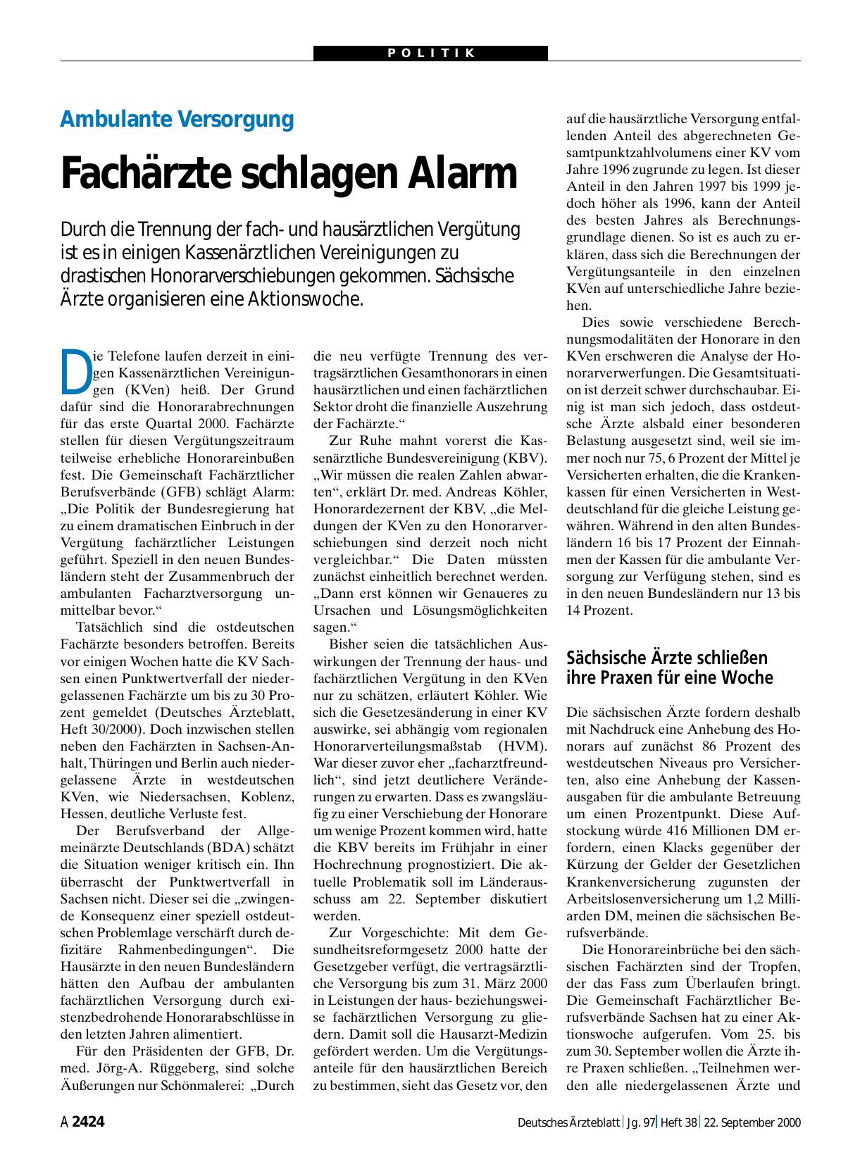 Vorschauseite 1: Ambulante Versorgung: Fachärzte schlagen Alarm