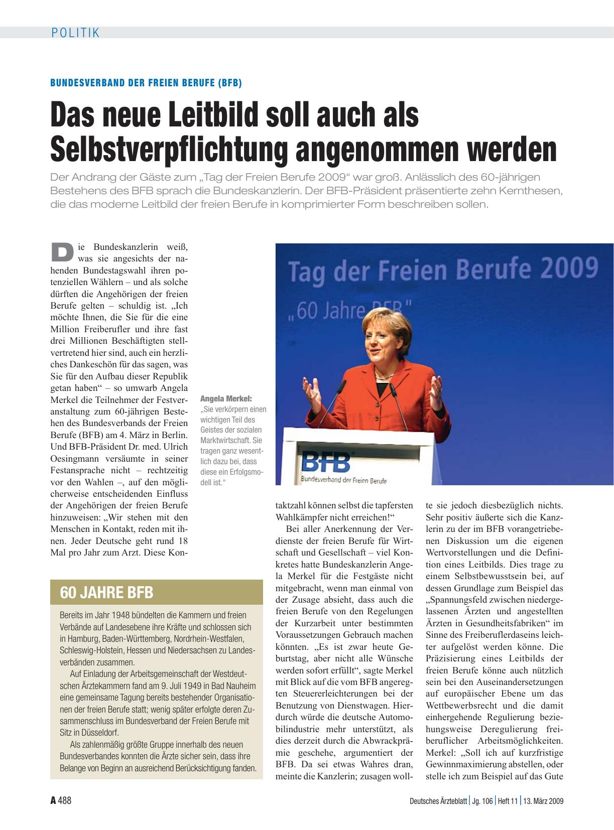 Vorschauseite 1: Bundesverband der Freien Berufe (BFB): Das neue Leitbild soll auch als Selbstverpflichtung angenommen werden