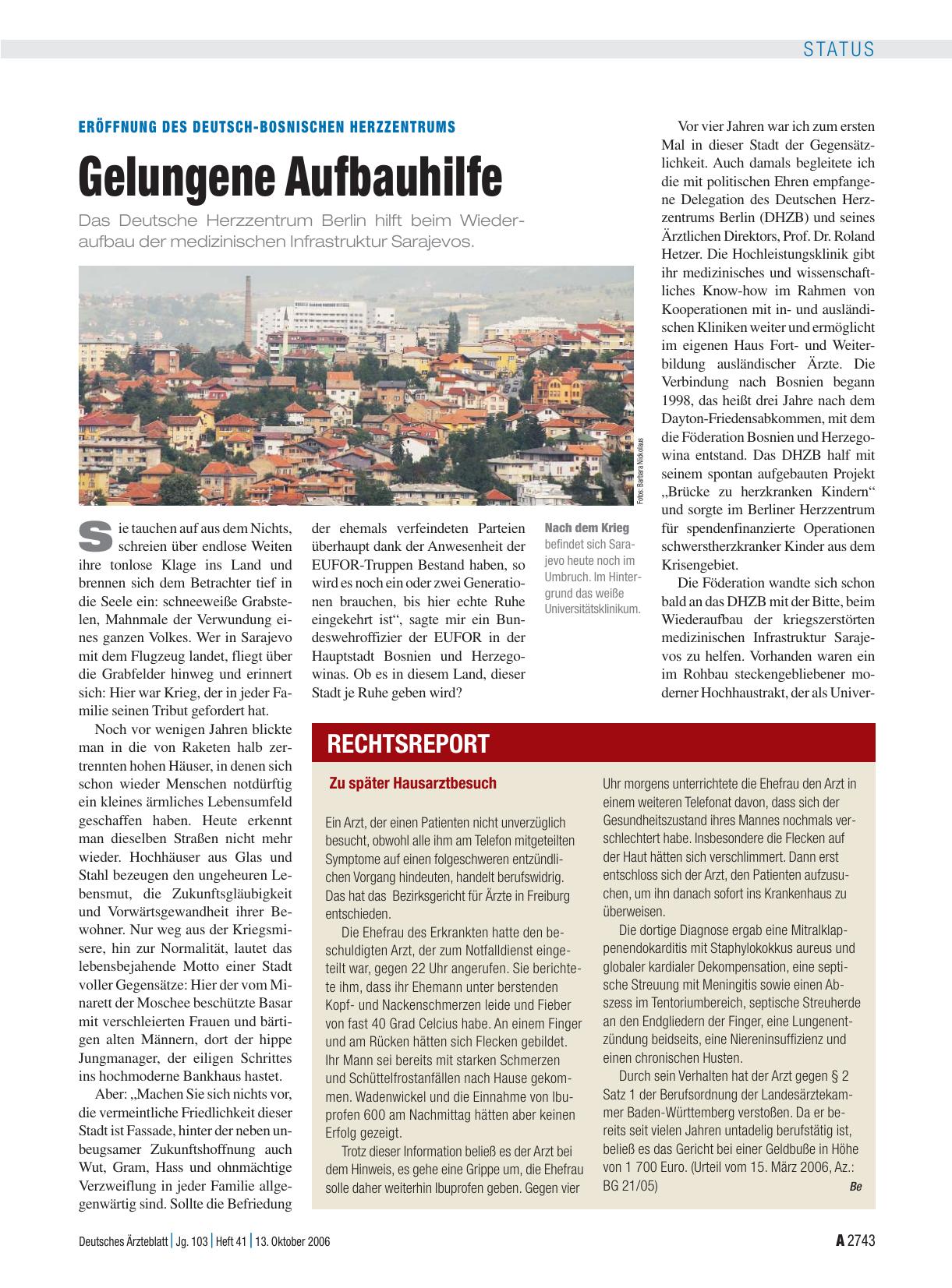Vorschauseite 1: Eröffnung des Deutsch-Bosnischen Herzzentrums: Gelungene Aufbauhilfe