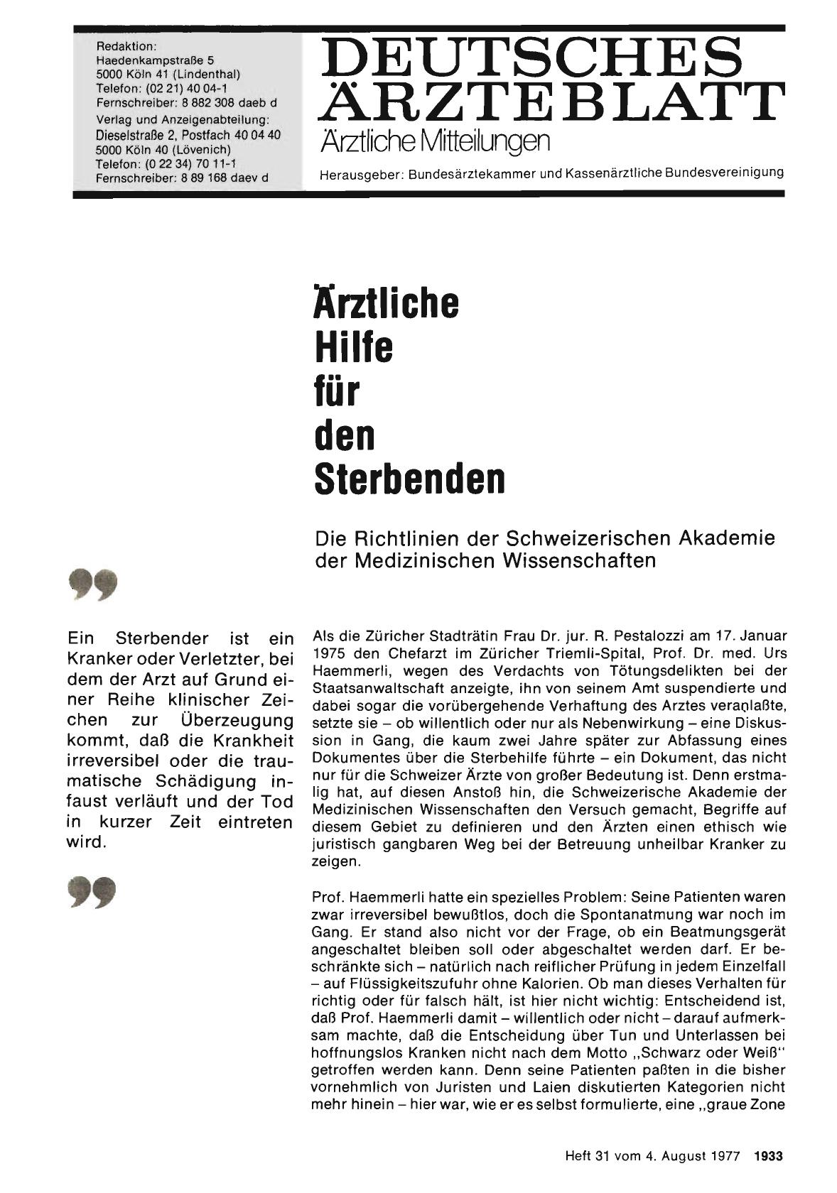 Vorschauseite 1: Ärztliche Hilfe für den Sterbenden: Die Richtlinien der Schweizerischen Akademie der Medizinischen Wissenschaften