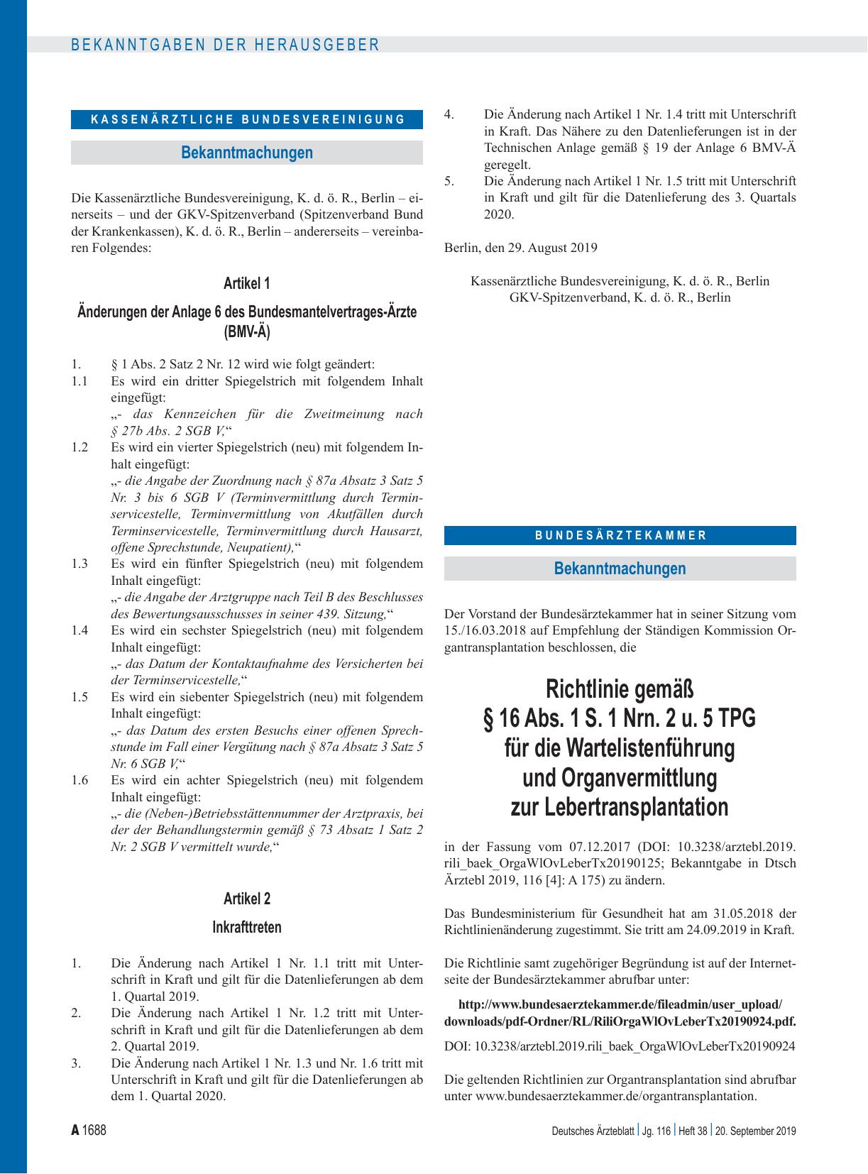 Vorschauseite 1: Richtlinie gemäß § 16 Abs. 1 S. 1 Nrn. 2 u. 5 TPG für die Wartelistenführung und Organvermittlung zur Lebertransplantation