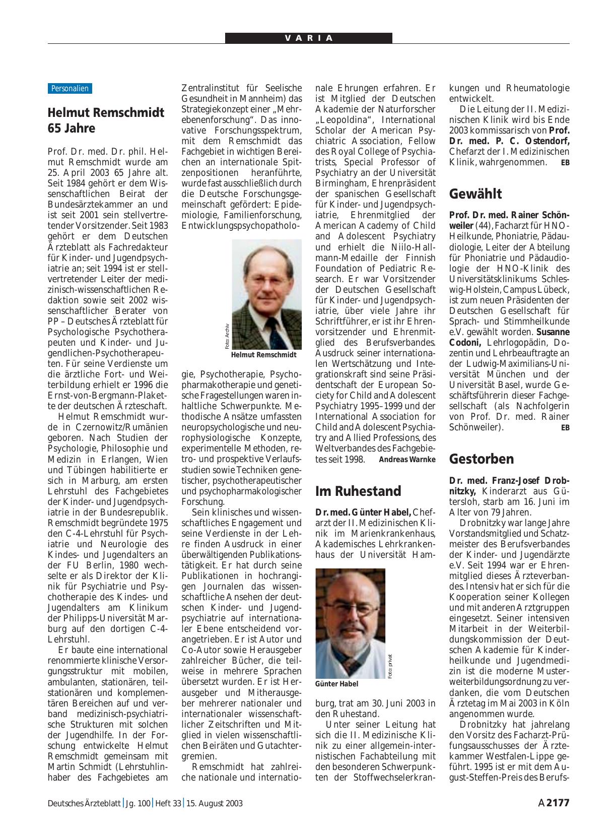 Vorschauseite 1: Helmut Remschmidt 65 Jahre