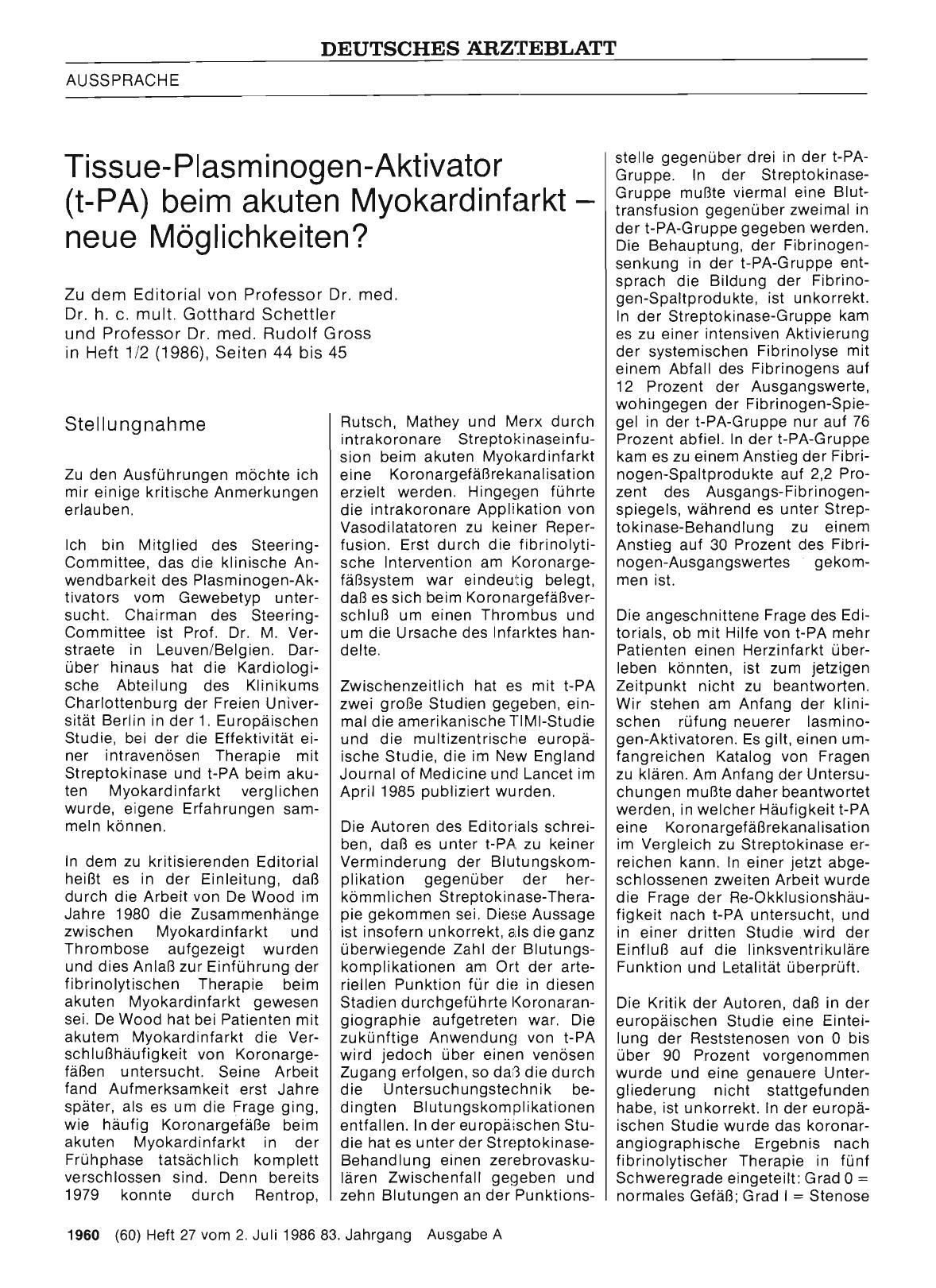 Vorschauseite 1: Tissue-Plasminogen-Aktivator (t-PA) beim akuten Myokardinfarkt — neue Möglichkeiten? : Stellungnahme