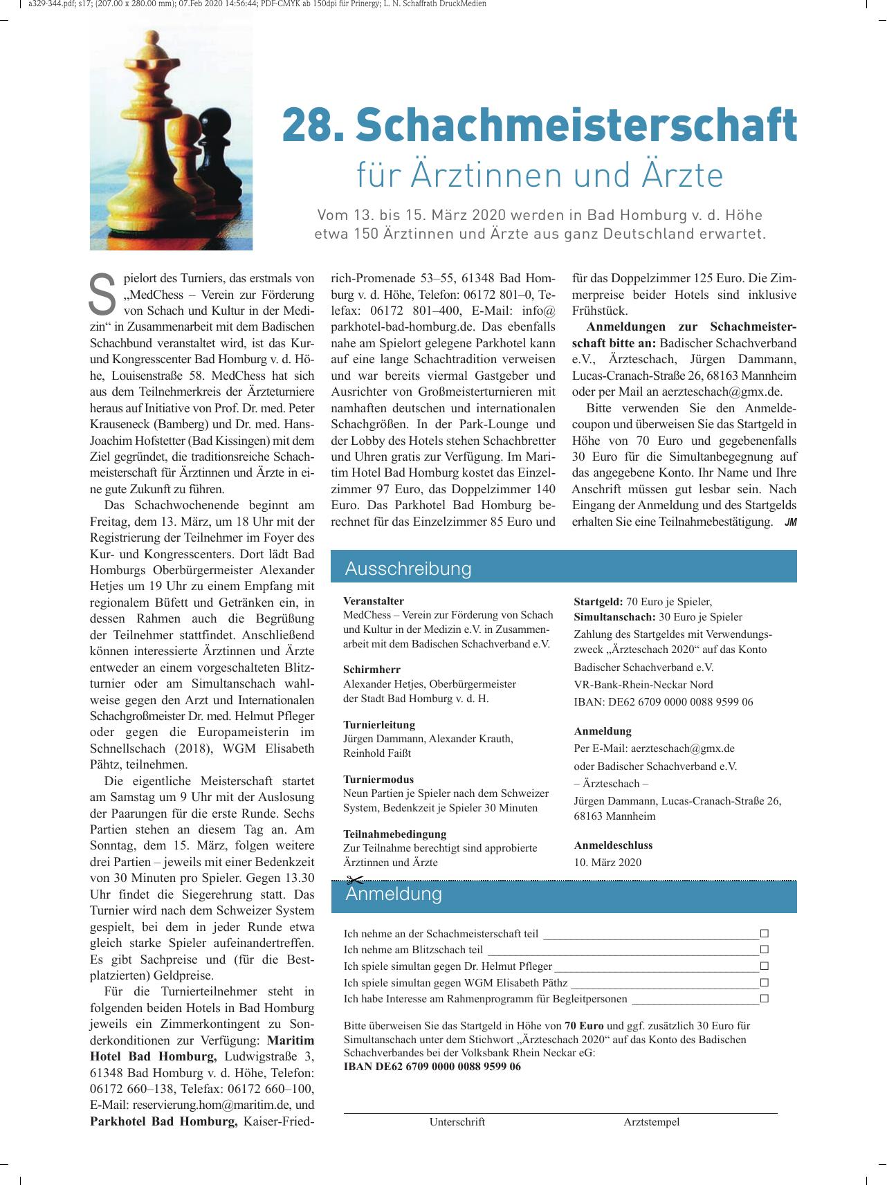 Vorschauseite 1: 28. Schachmeisterschaft für Ärztinnen und Ärzte
